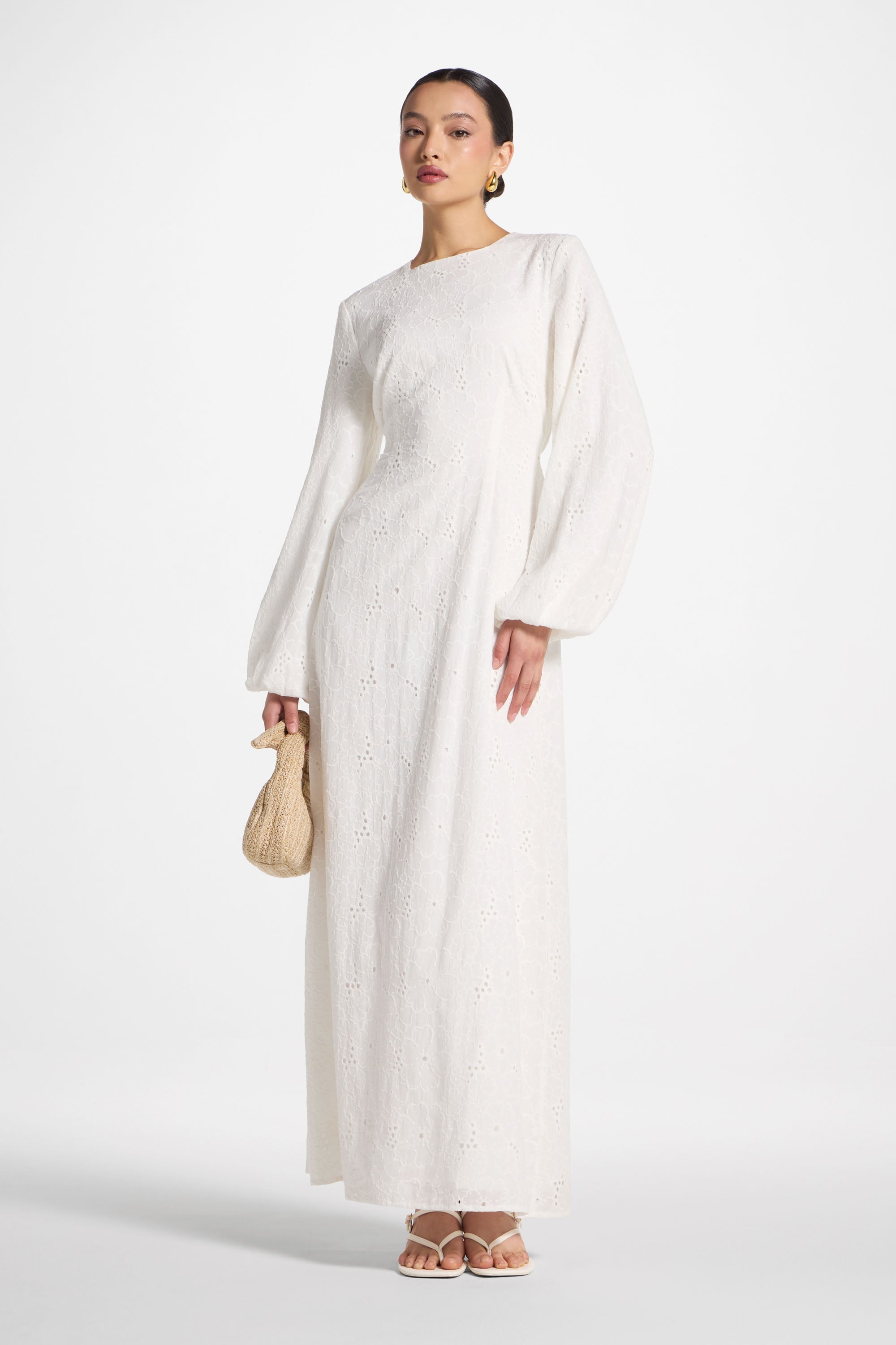 Cotton Eyelet Maxi Dress - White Abayas Veiled