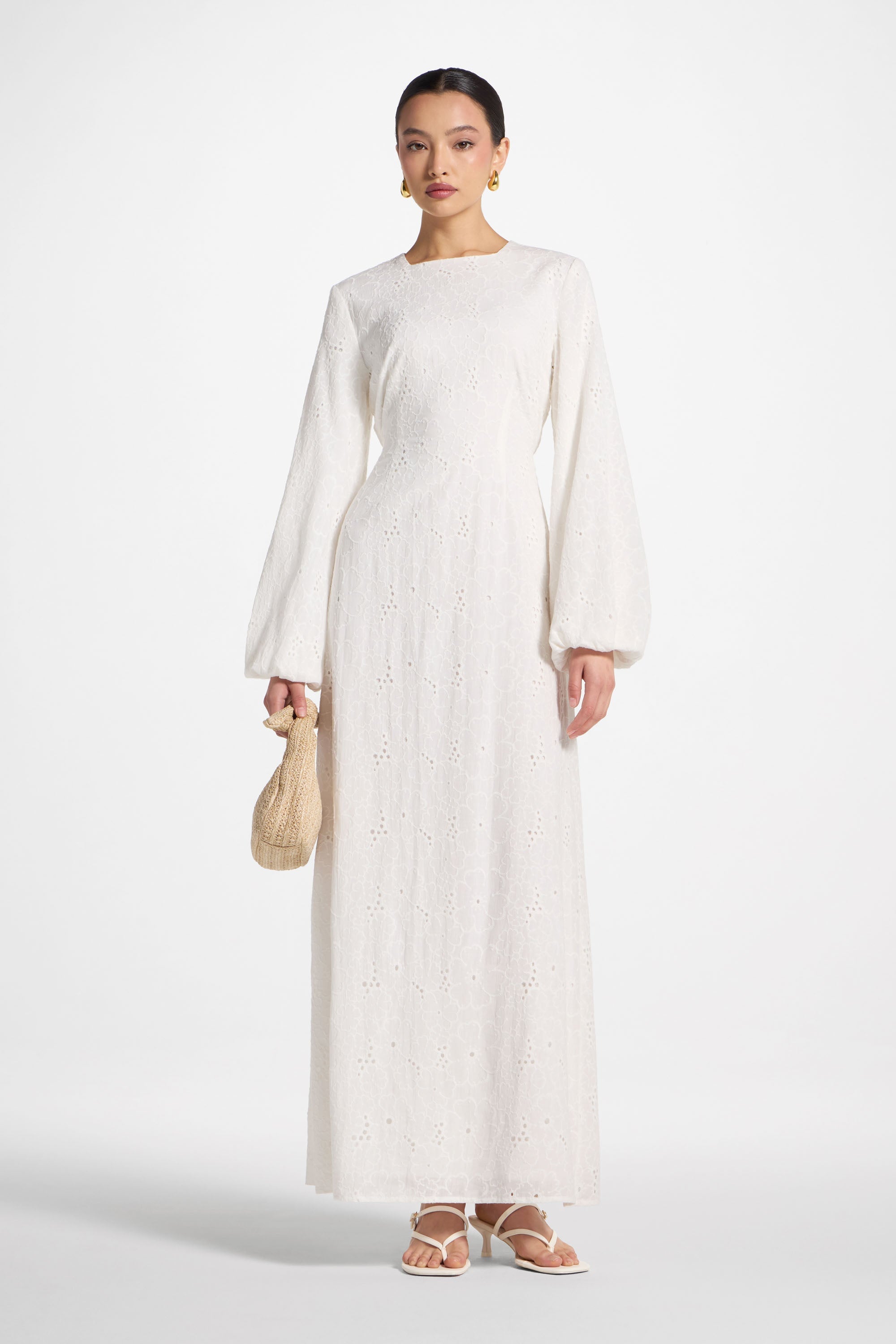 Cotton Eyelet Maxi Dress - White Abayas Veiled