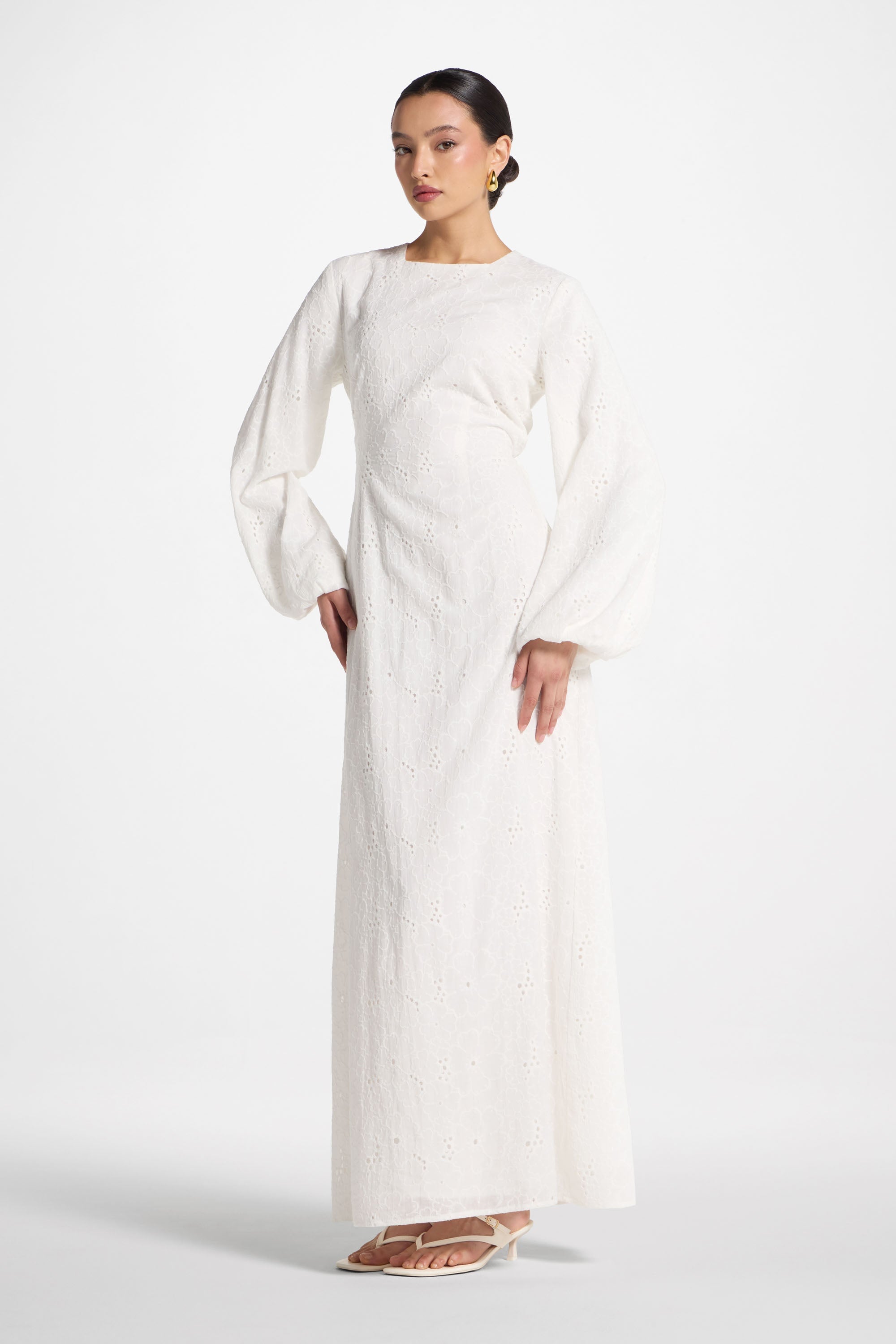 Cotton Eyelet Maxi Dress - White Abayas Veiled
