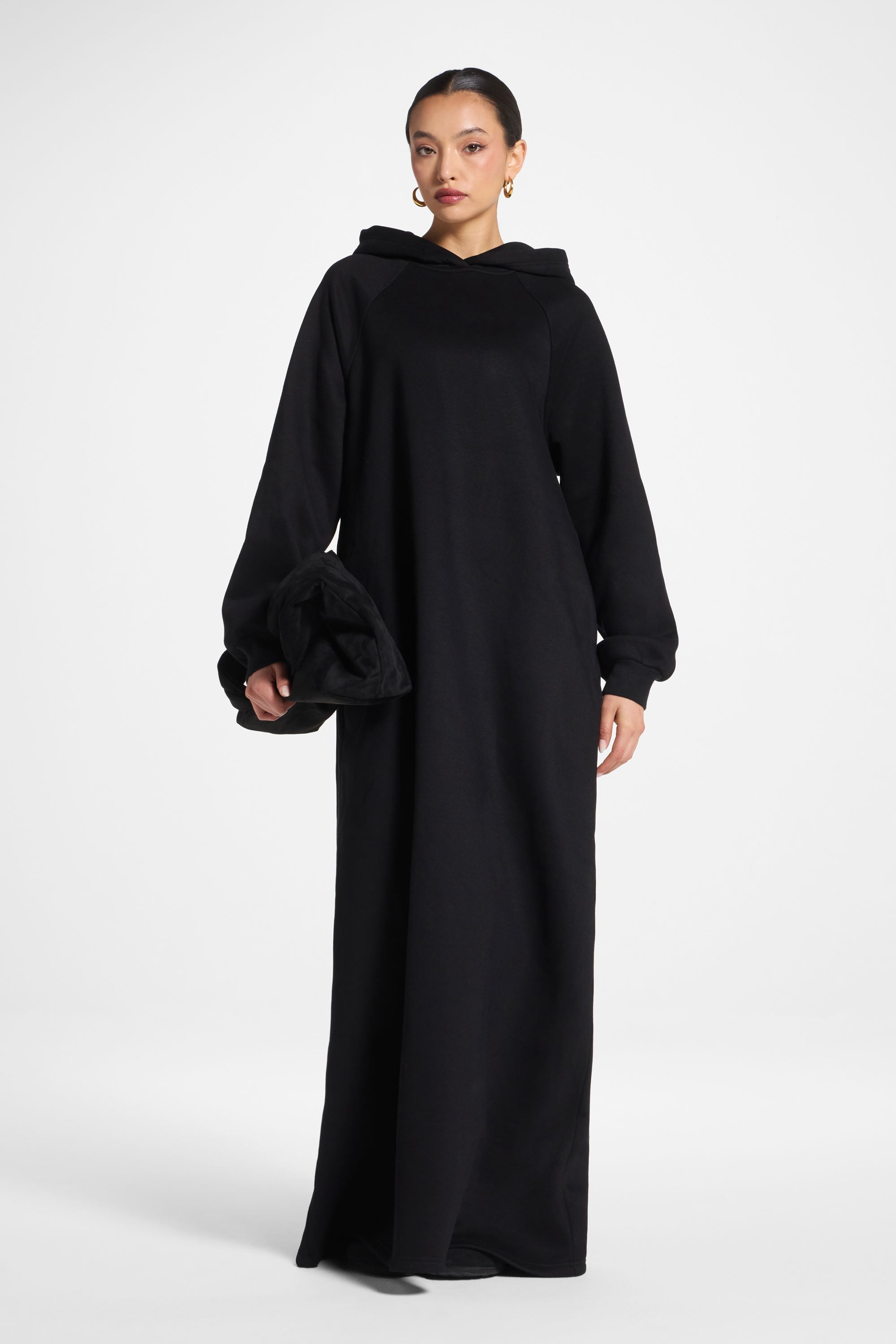 Cotton Hoodie Maxi Dress - Black Abayas Veiled