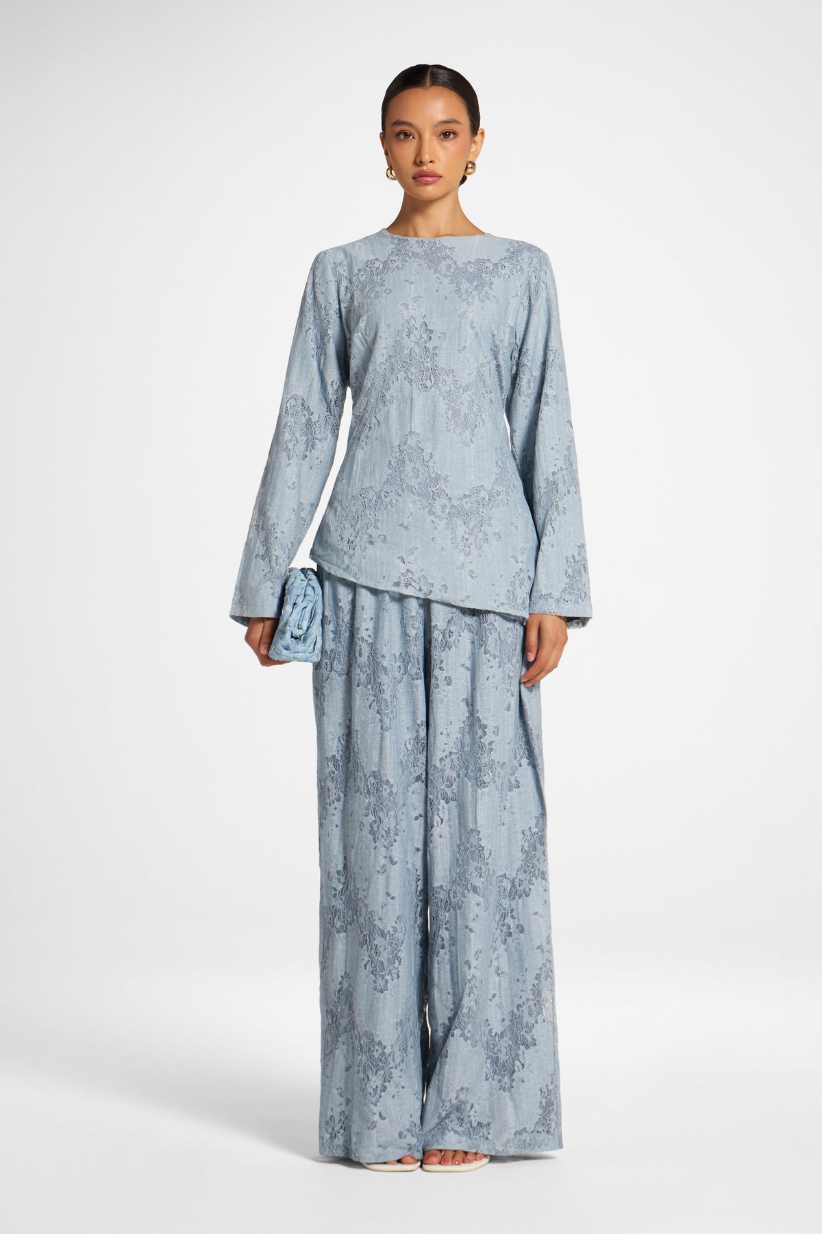 Cotton Lace Asymmetric Top - Denim Top Veiled