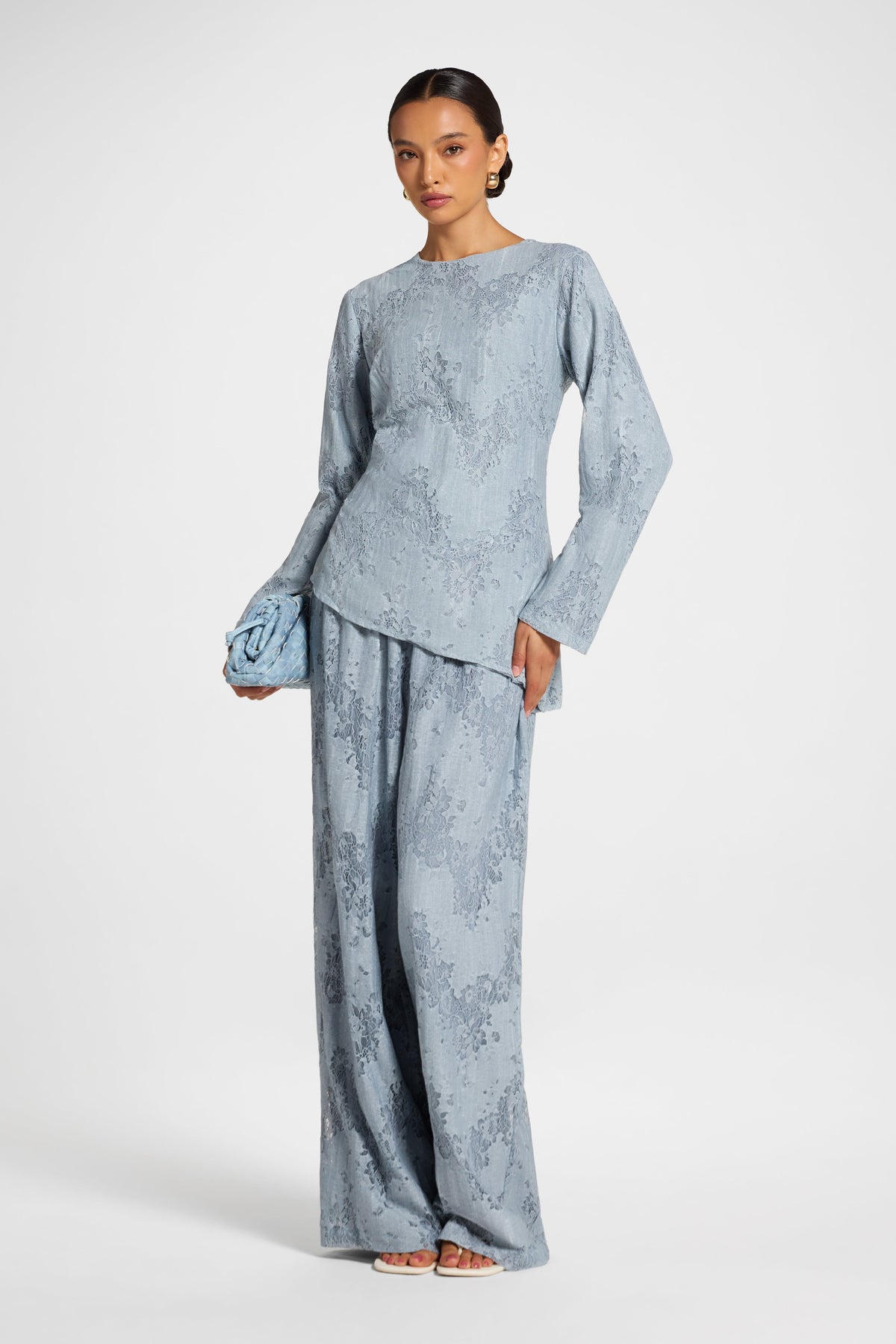 Cotton Lace Asymmetric Top - Denim Top Veiled
