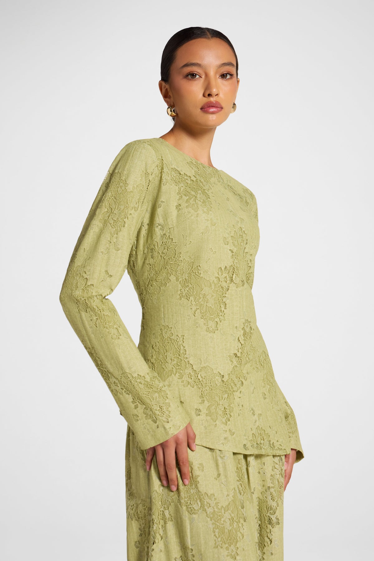 Cotton Lace Asymmetric Top - Light Olive Top Veiled