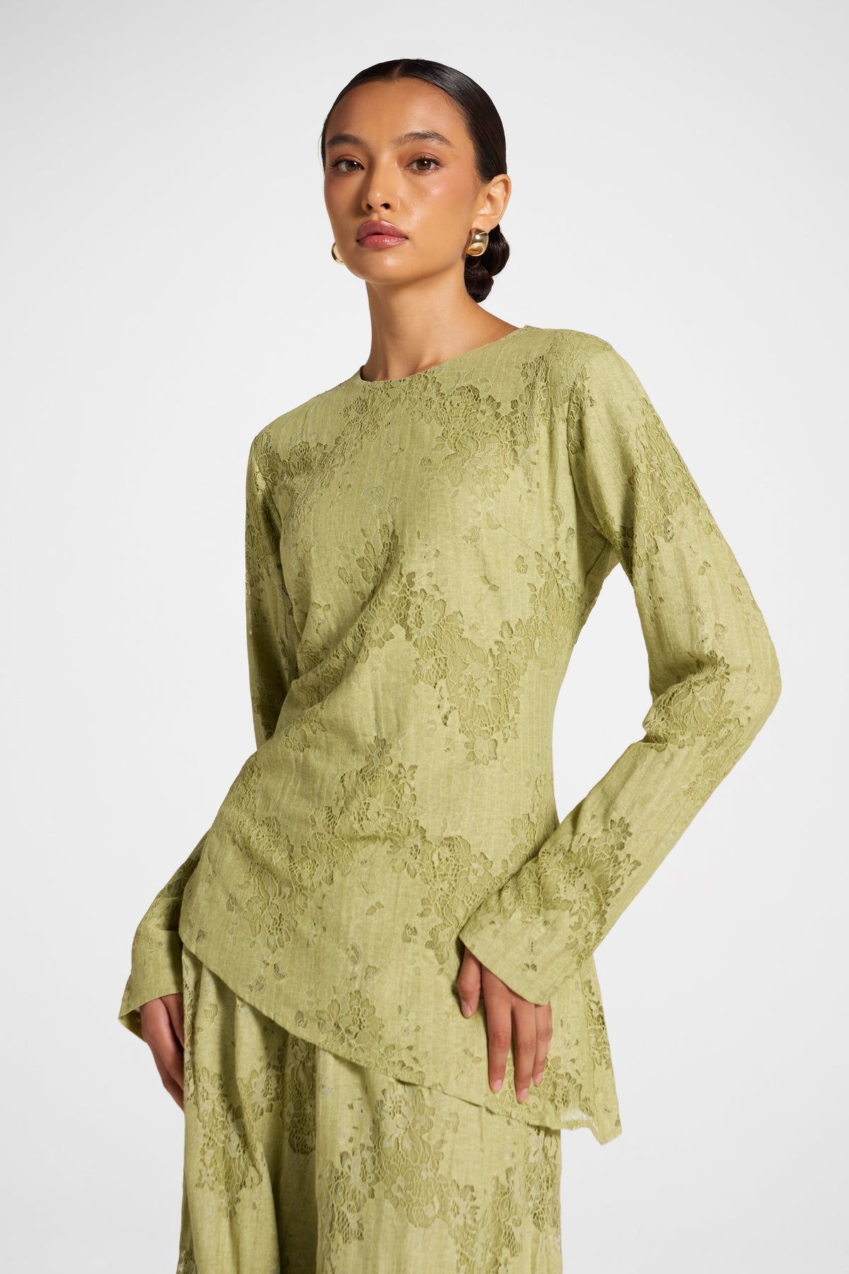 Cotton Lace Asymmetric Top - Light Olive Top Veiled
