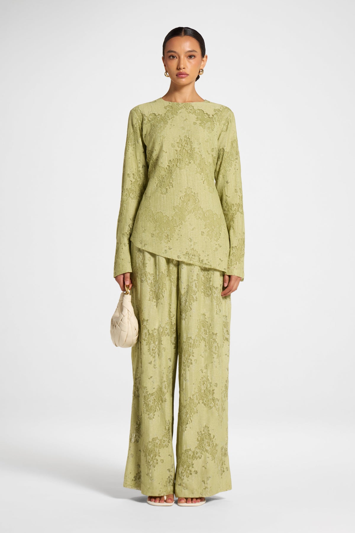 Cotton Lace Asymmetric Top - Light Olive Top Veiled