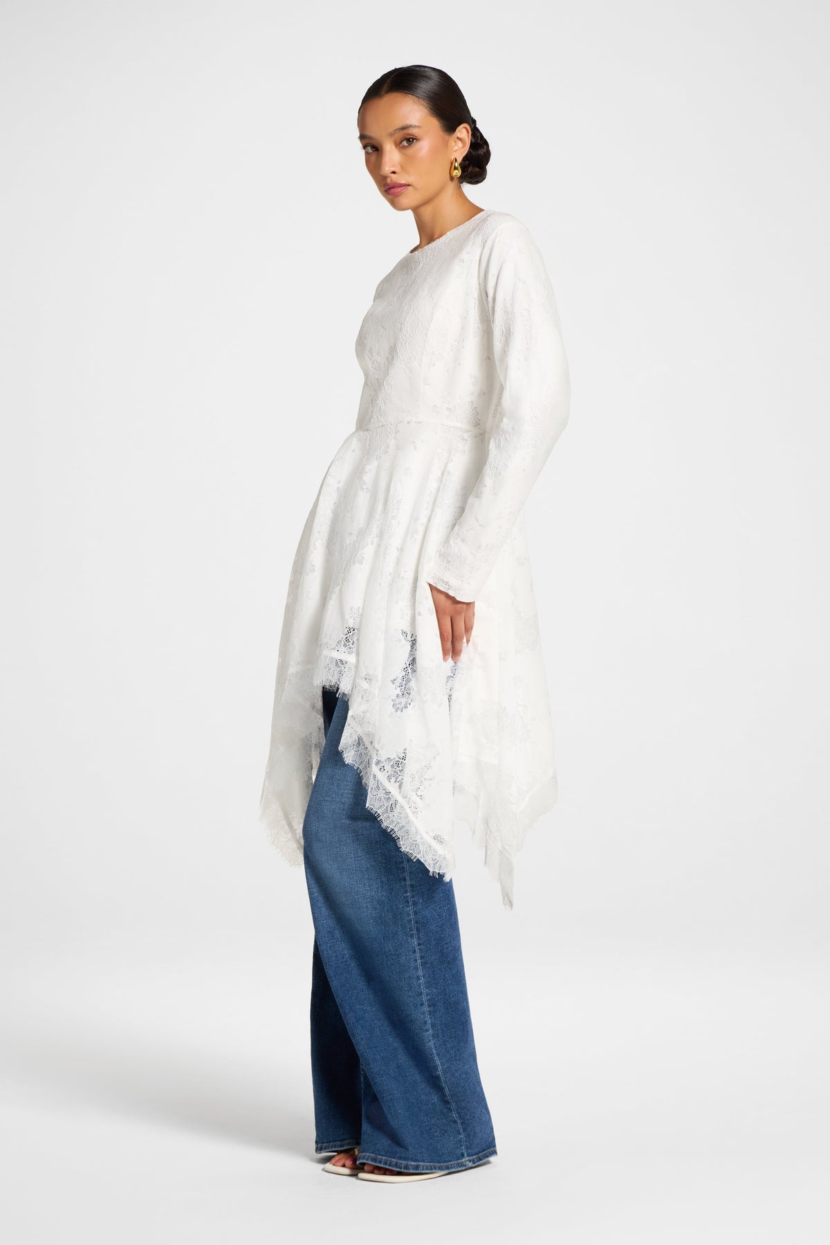 Cotton Lace Handkerchief Hem Top - White Top Veiled