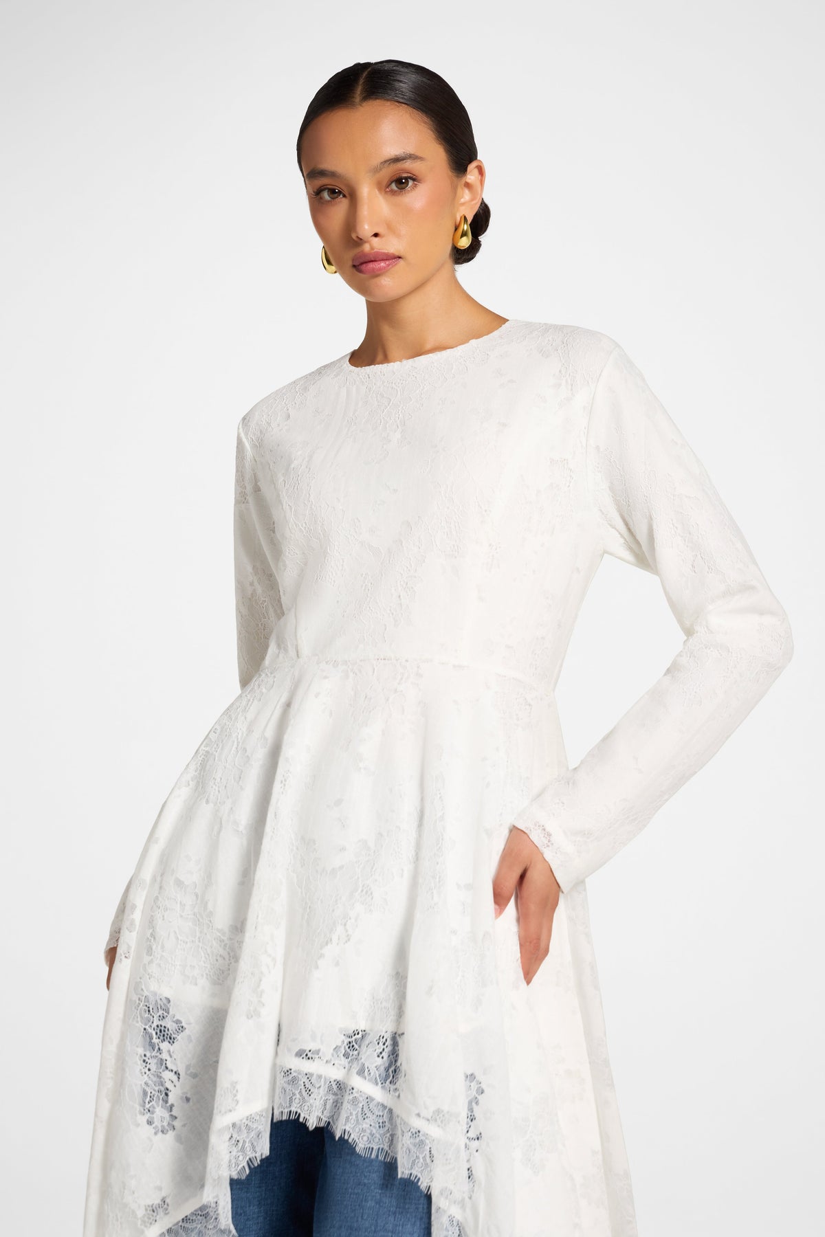 Cotton Lace Handkerchief Hem Top - White Top Veiled