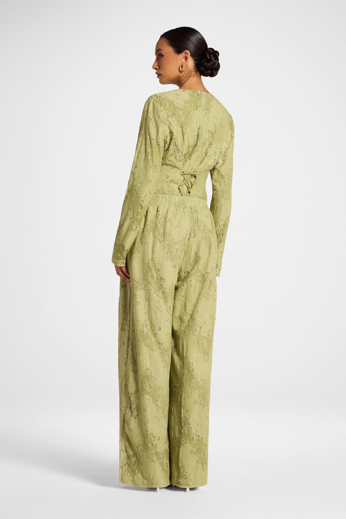 Cotton Lace Wide Leg Pant - Light Olive Pants Veiled