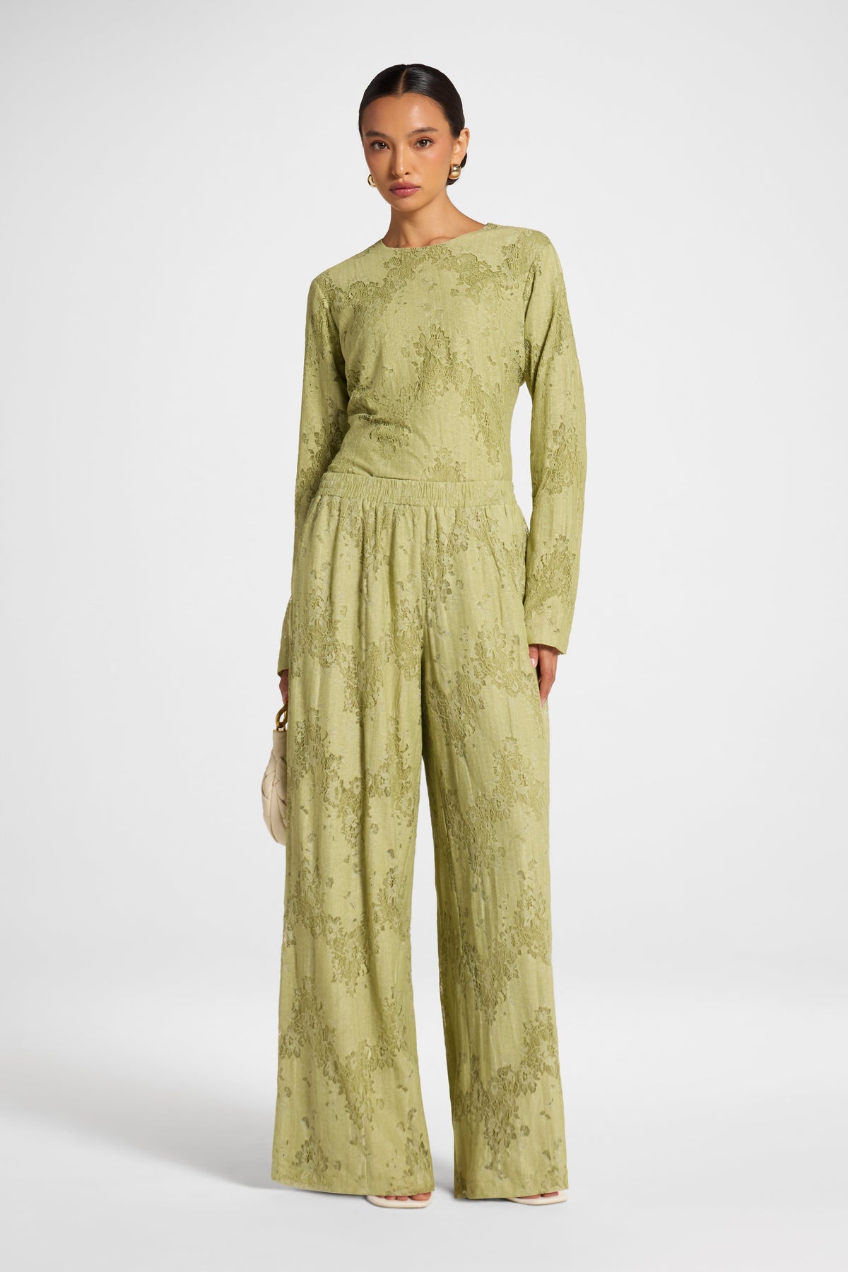 Cotton Lace Wide Leg Pant - Light Olive Pants Veiled