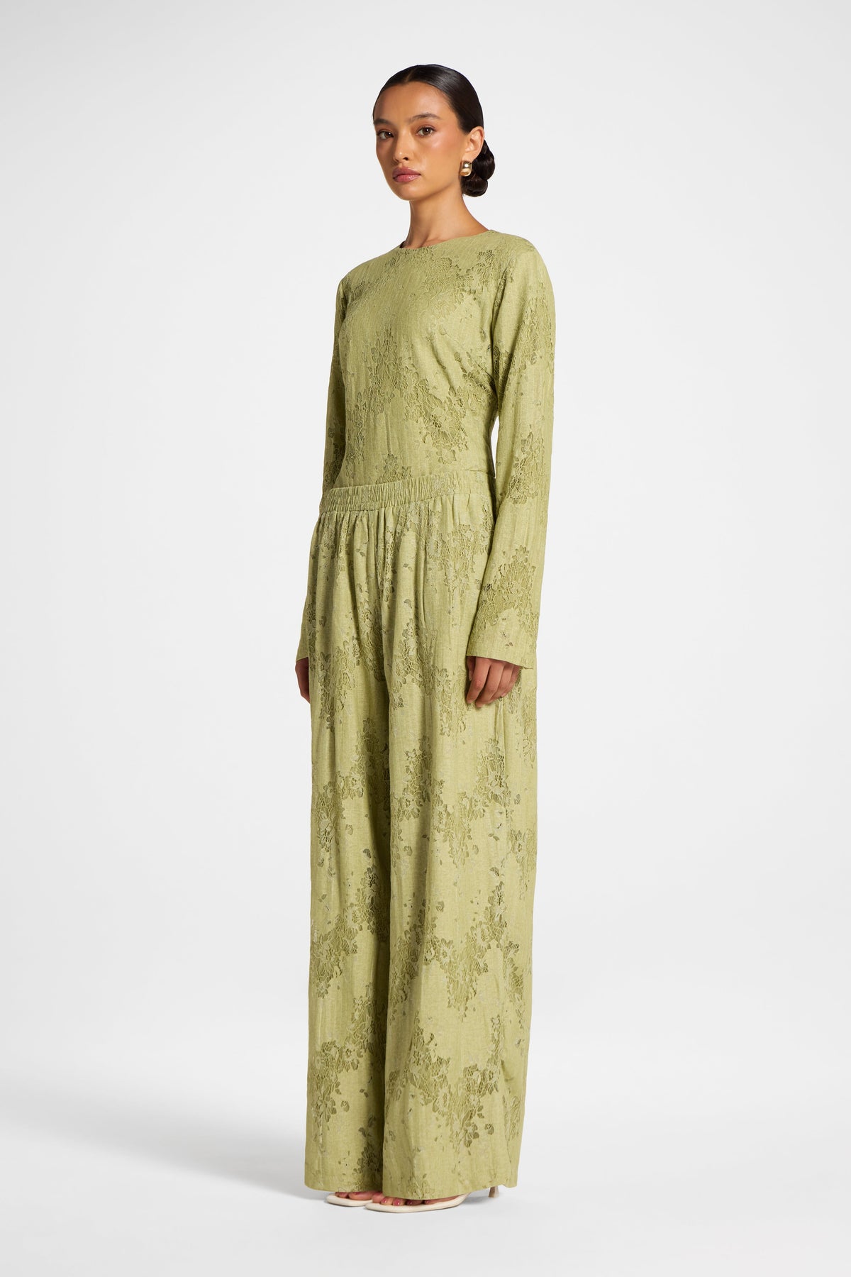 Cotton Lace Wide Leg Pant - Light Olive Pants Veiled