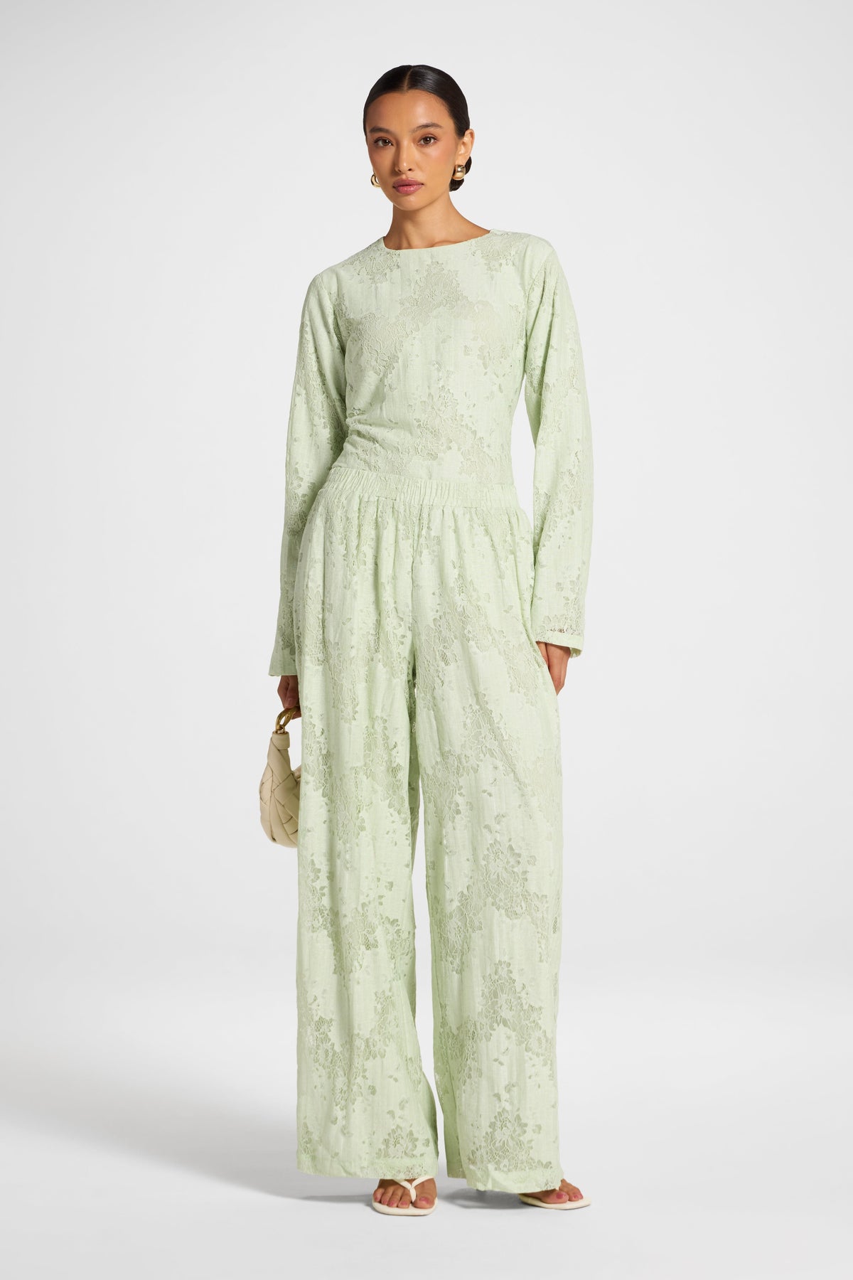 Cotton Lace Wide Leg Pant - Pistachio Pants Veiled