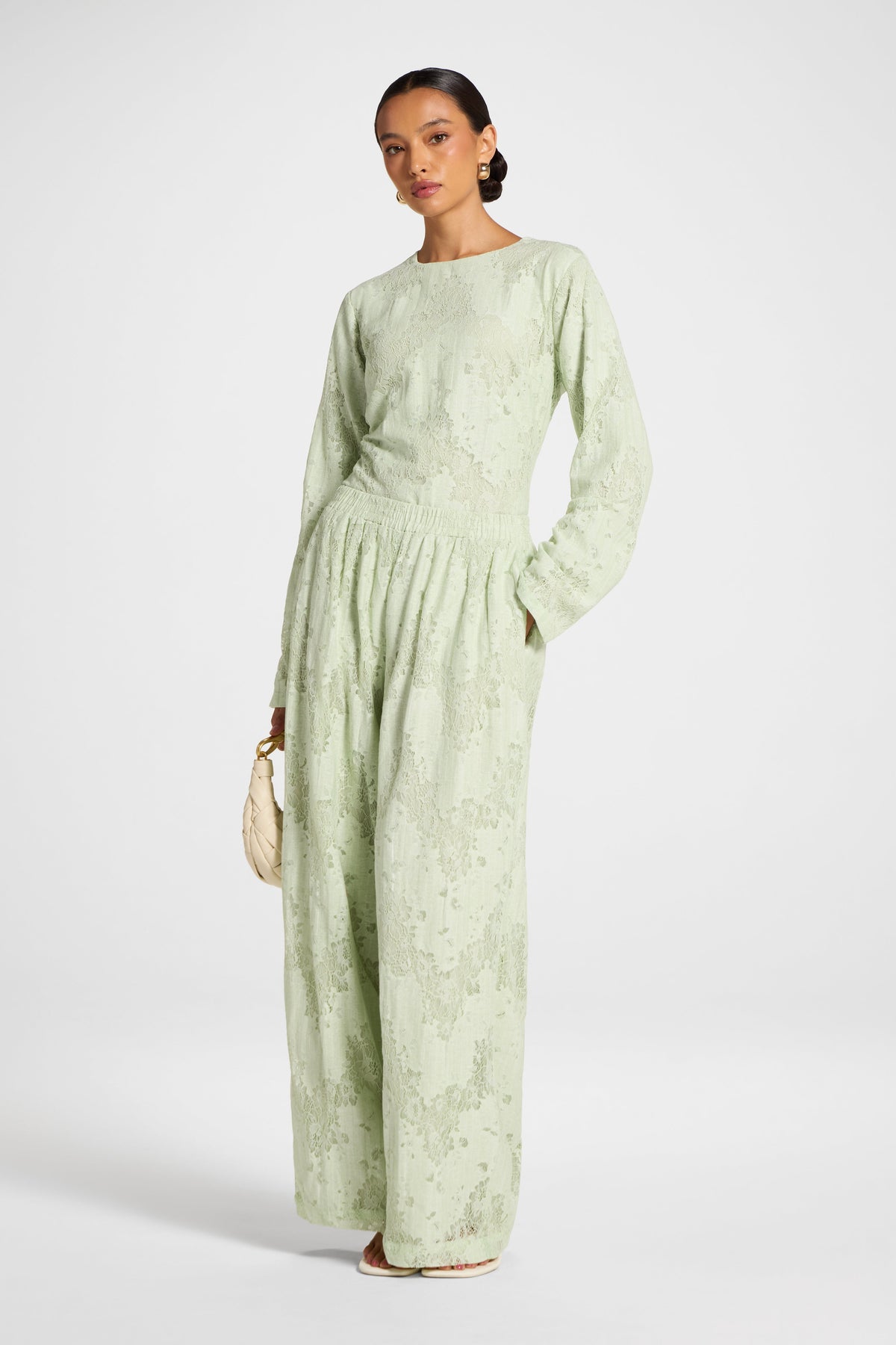 Cotton Lace Wide Leg Pant - Pistachio Pants Veiled