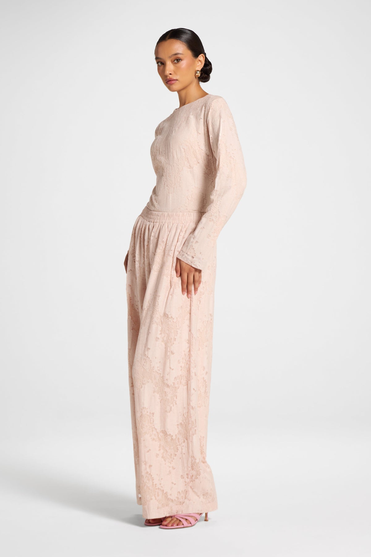 Cotton Lace Wide Leg Pant - Soft Pink Pants Veiled