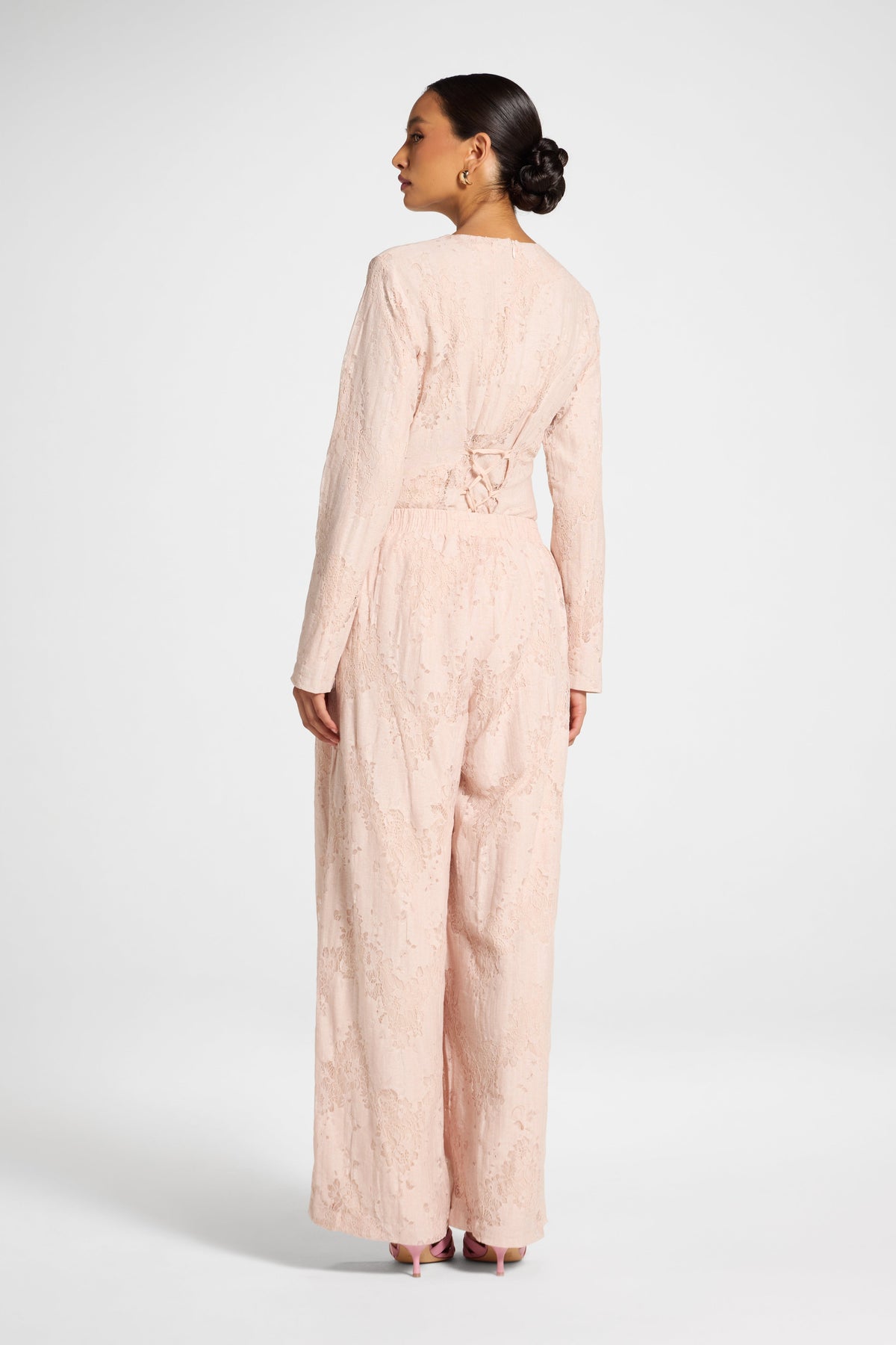 Cotton Lace Wide Leg Pant - Soft Pink Pants Veiled