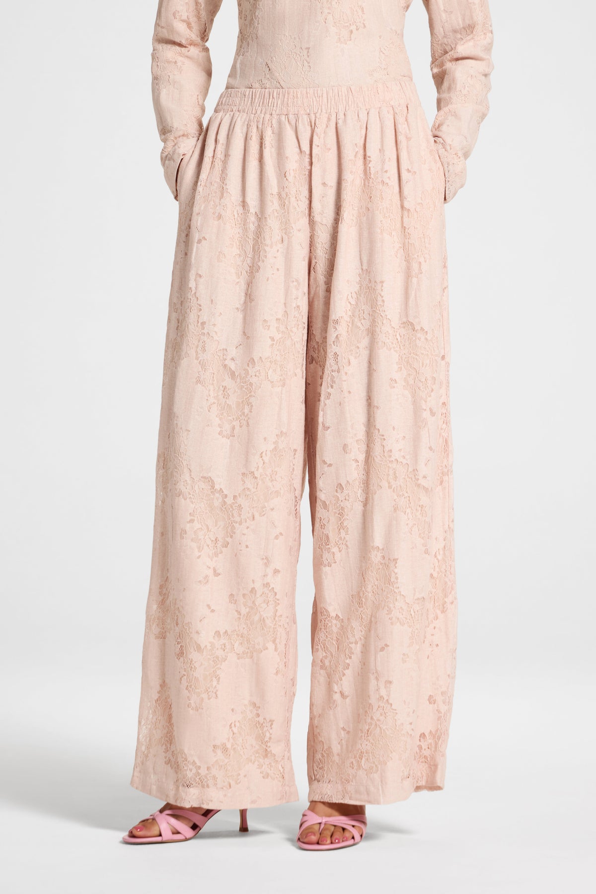 Cotton Lace Wide Leg Pant - Soft Pink Pants Veiled