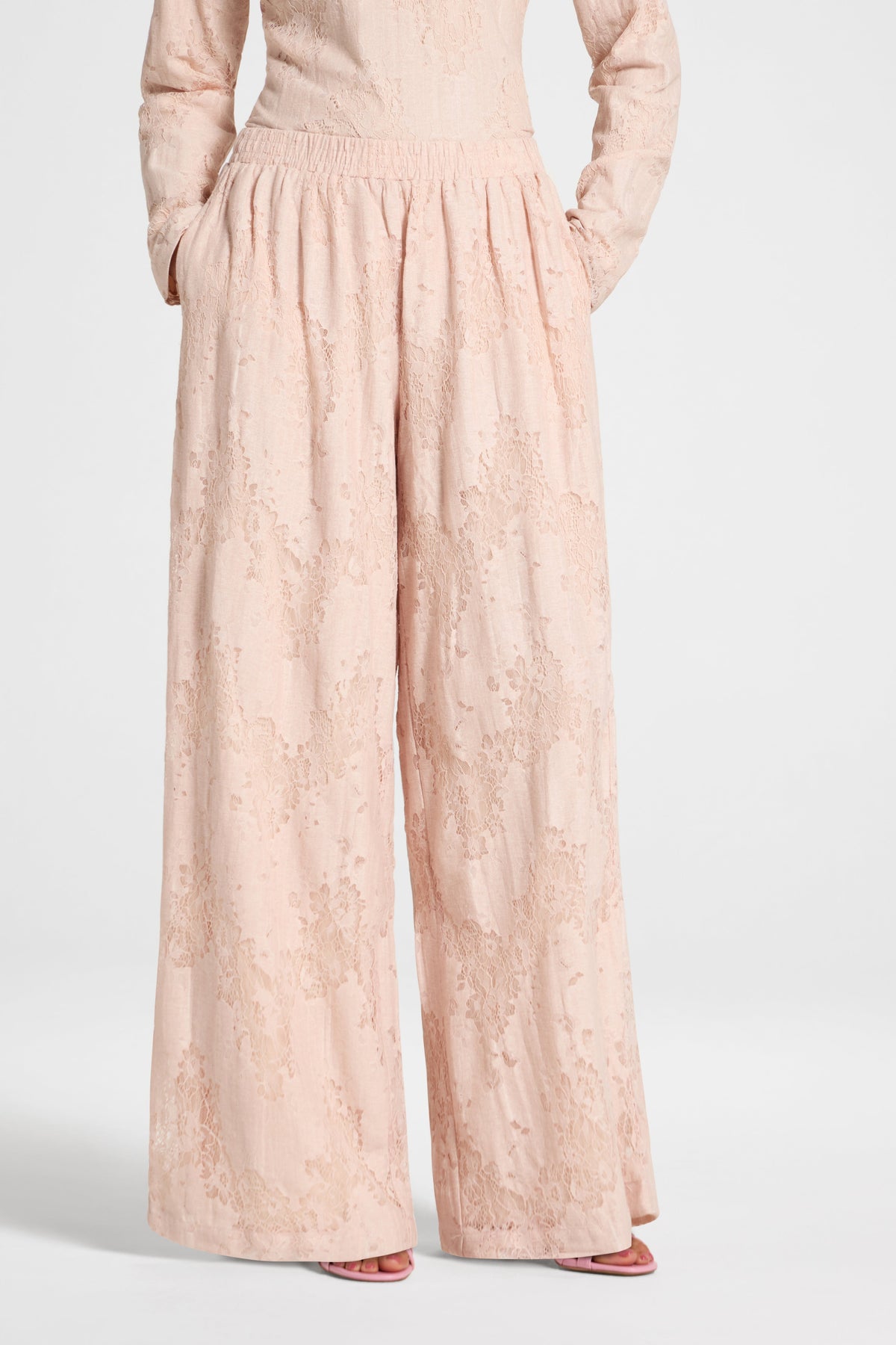 Cotton Lace Wide Leg Pant - Soft Pink Pants Veiled