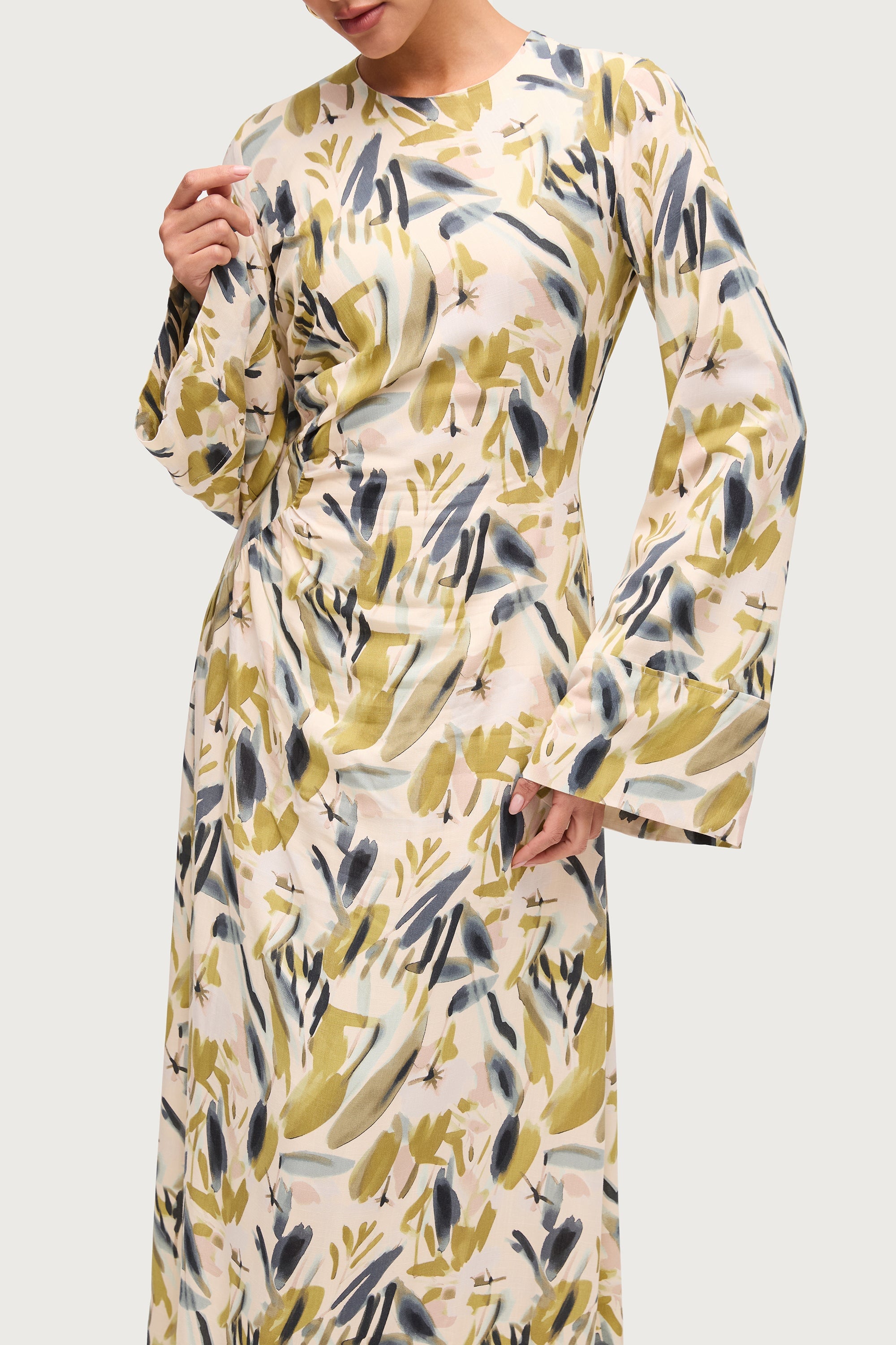 Cotton Linen Asymmetric Maxi Dress - Sage Watercolor Dresses Veiled