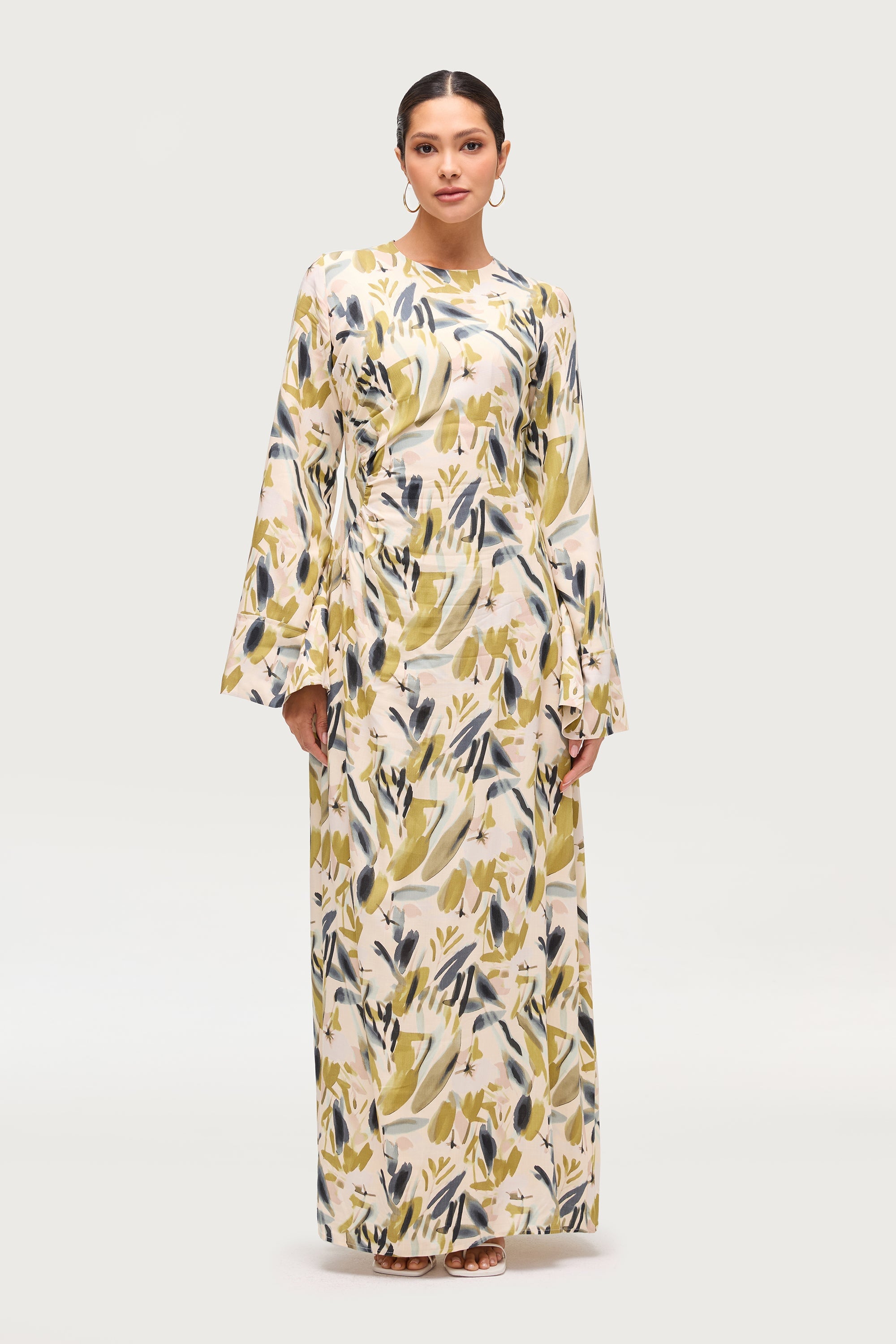 Cotton Linen Asymmetric Maxi Dress - Sage Watercolor Dresses Veiled