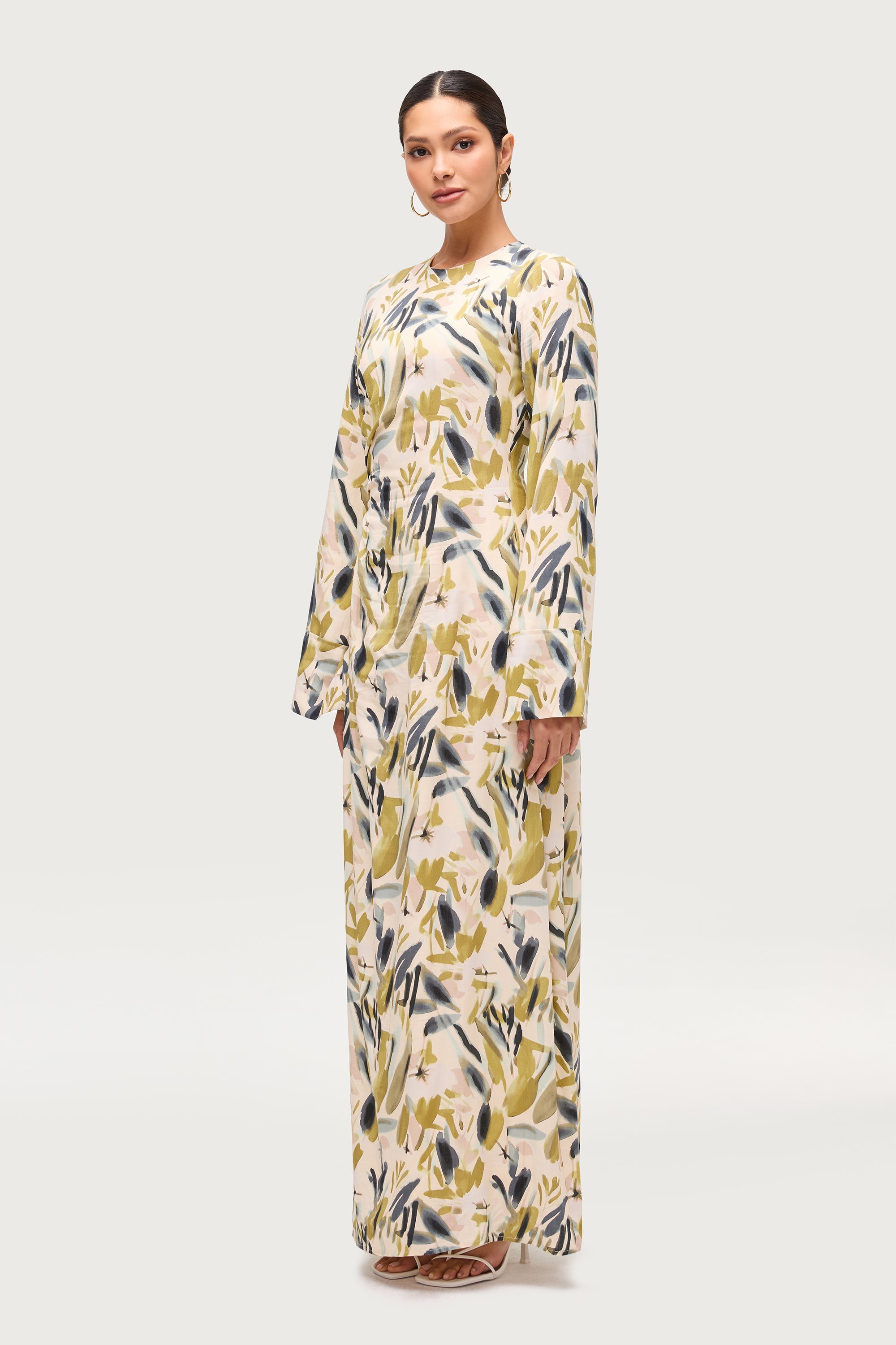 Cotton Linen Asymmetric Maxi Dress - Sage Watercolor Dresses Veiled