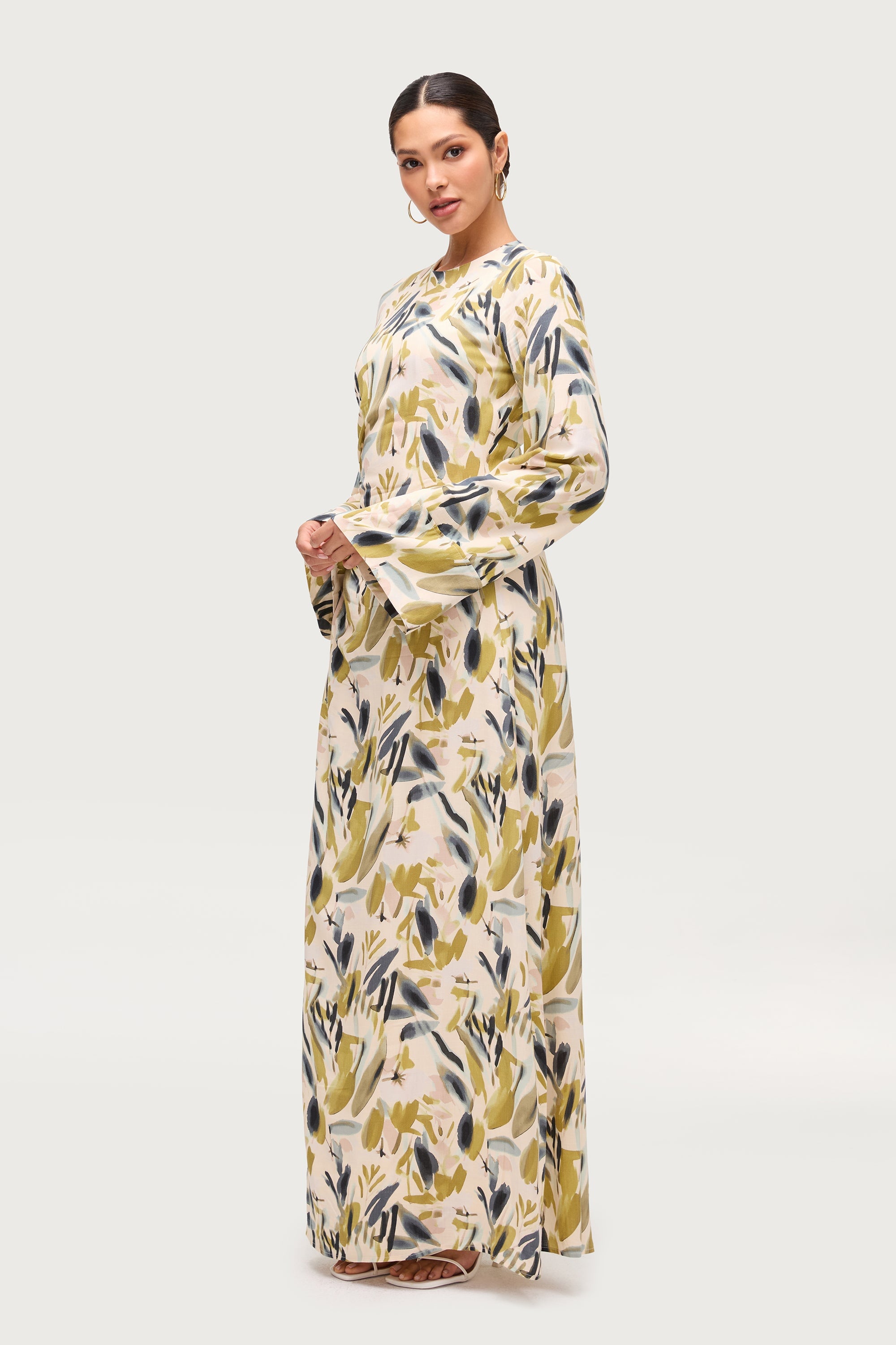 Cotton Linen Asymmetric Maxi Dress - Sage Watercolor Dresses Veiled