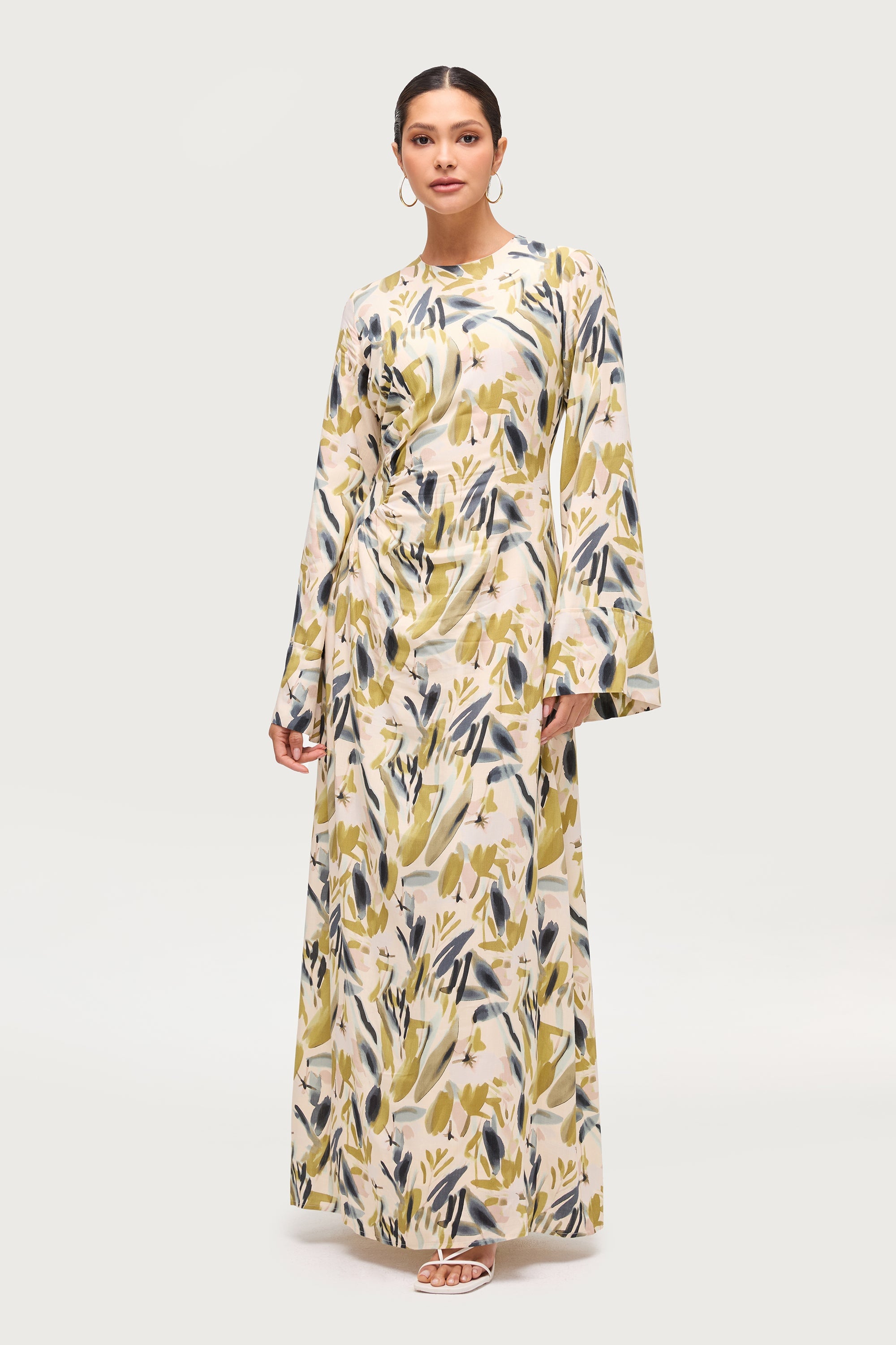 Cotton Linen Asymmetric Maxi Dress - Sage Watercolor Dresses Veiled