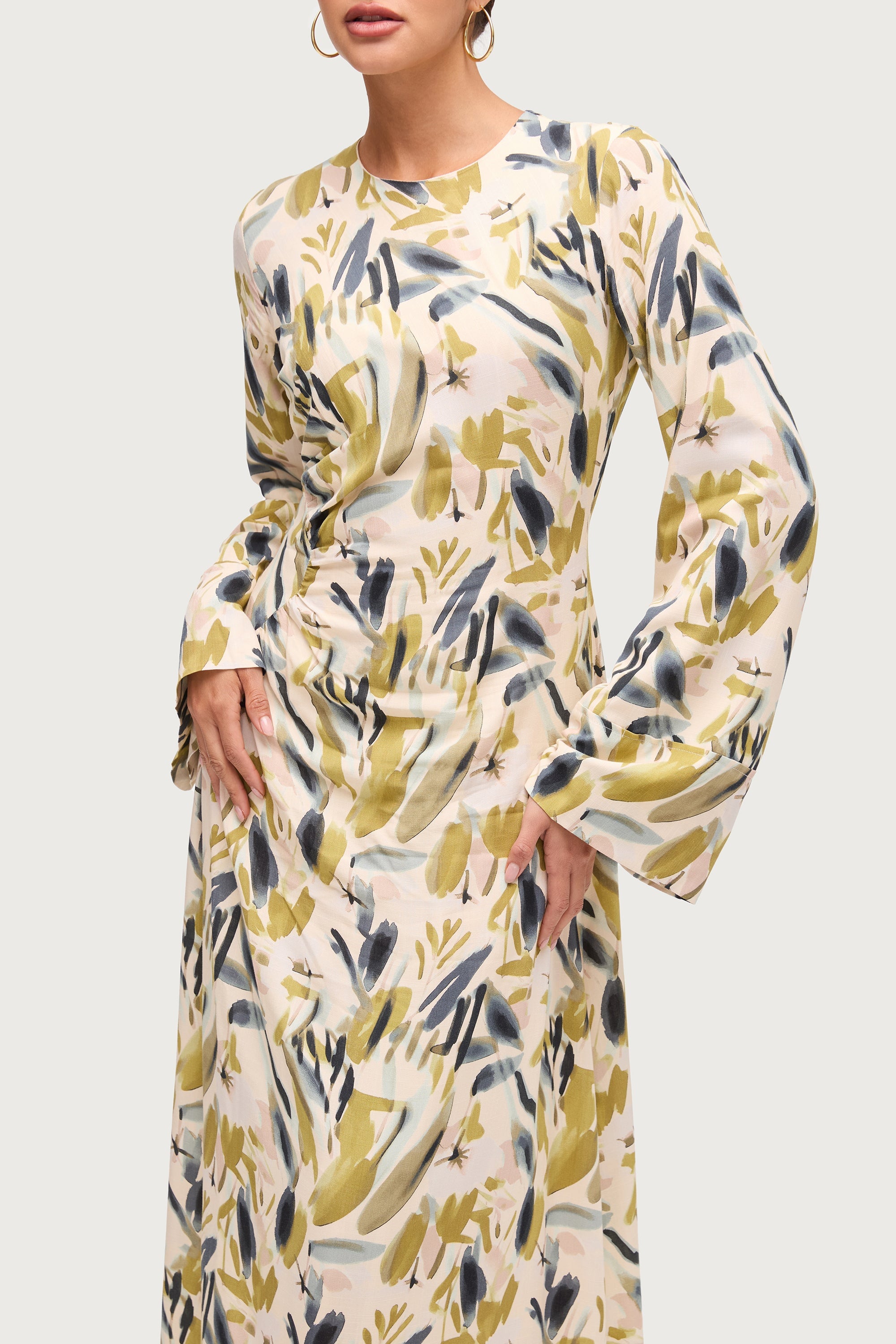 Cotton Linen Asymmetric Maxi Dress - Sage Watercolor Dresses Veiled