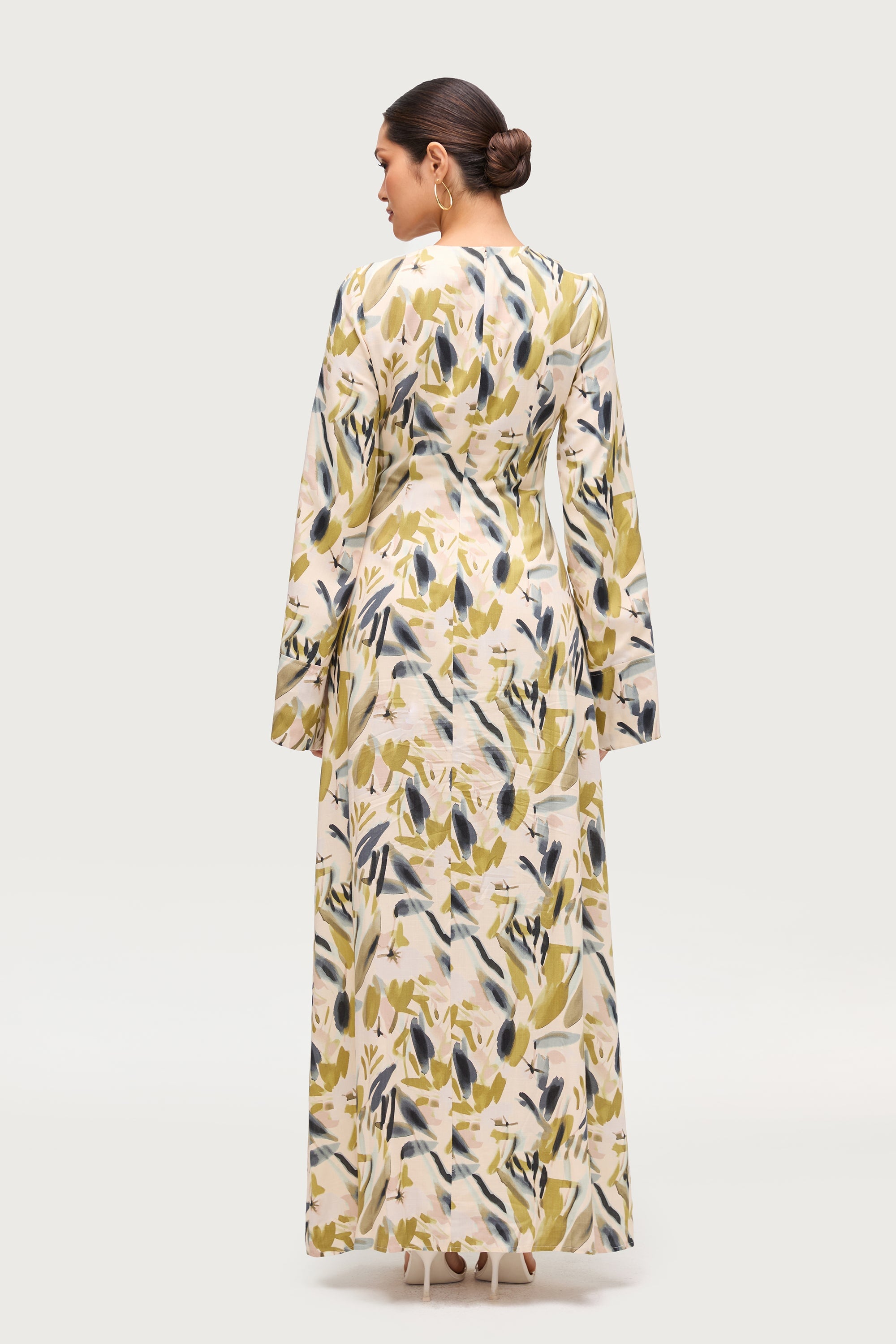 Cotton Linen Asymmetric Maxi Dress - Sage Watercolor Dresses Veiled