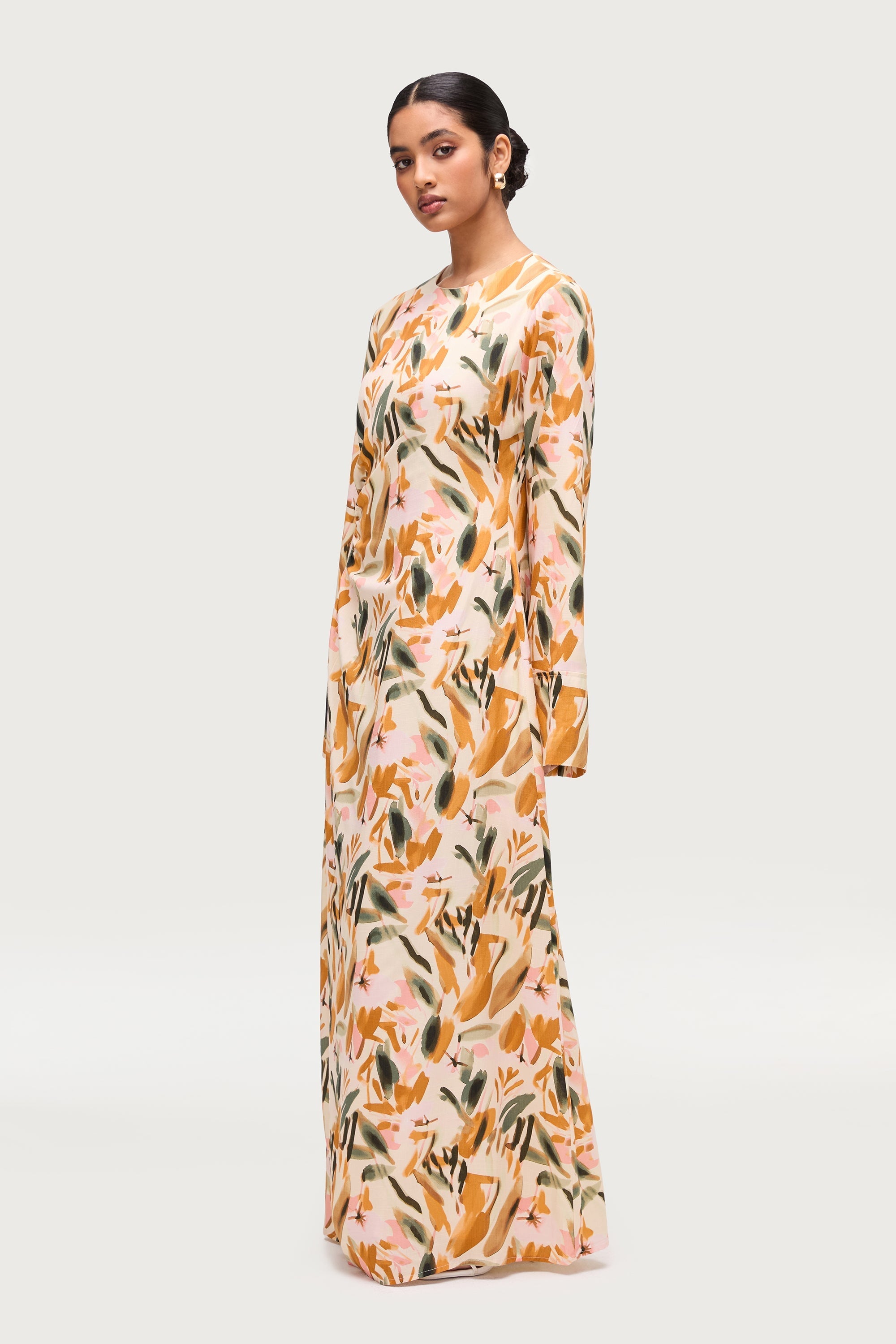 Cotton Linen Asymmetric Maxi Dress - Sunset Watercolor Dresses Veiled