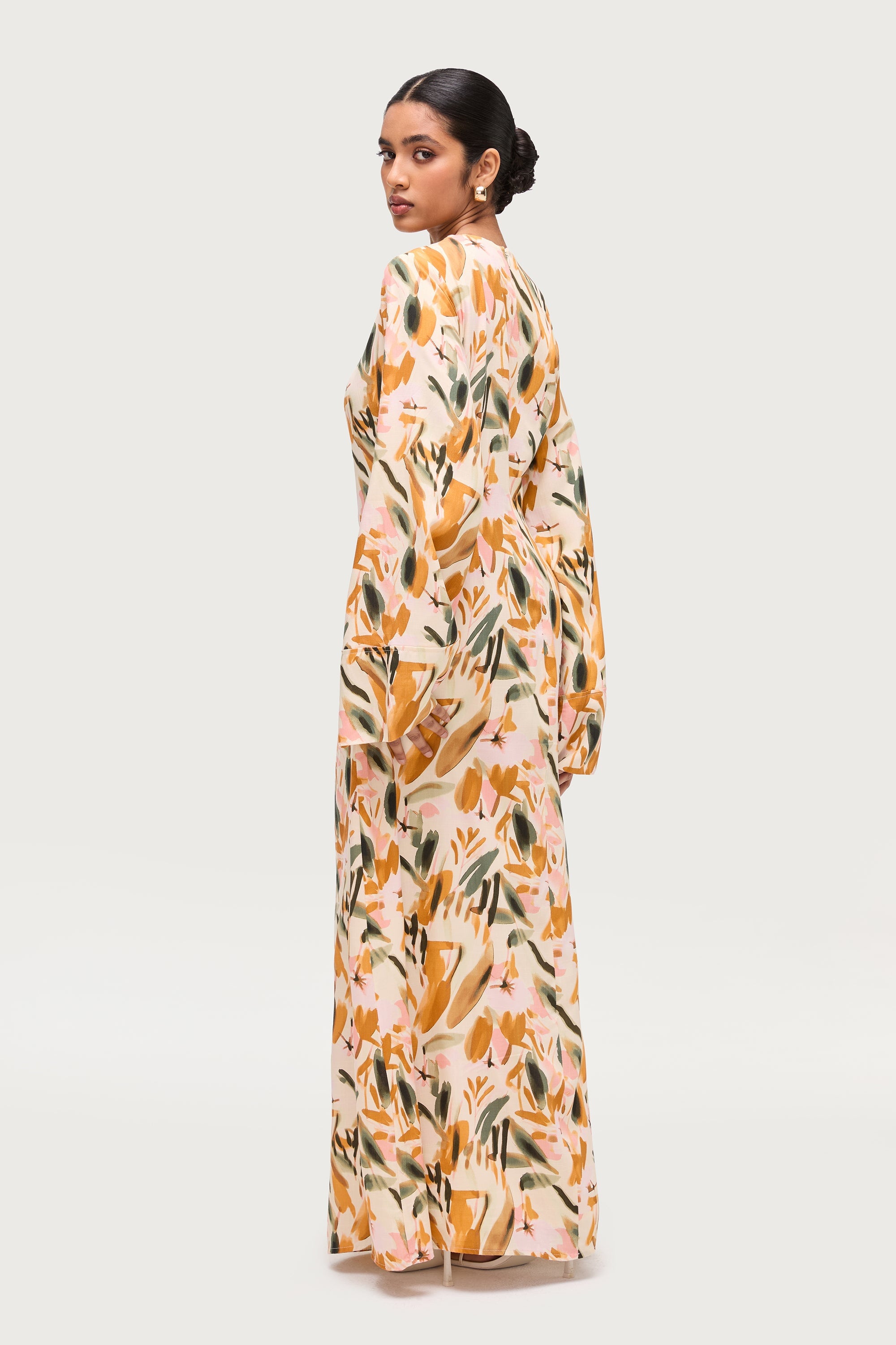 Cotton Linen Asymmetric Maxi Dress - Sunset Watercolor Dresses Veiled