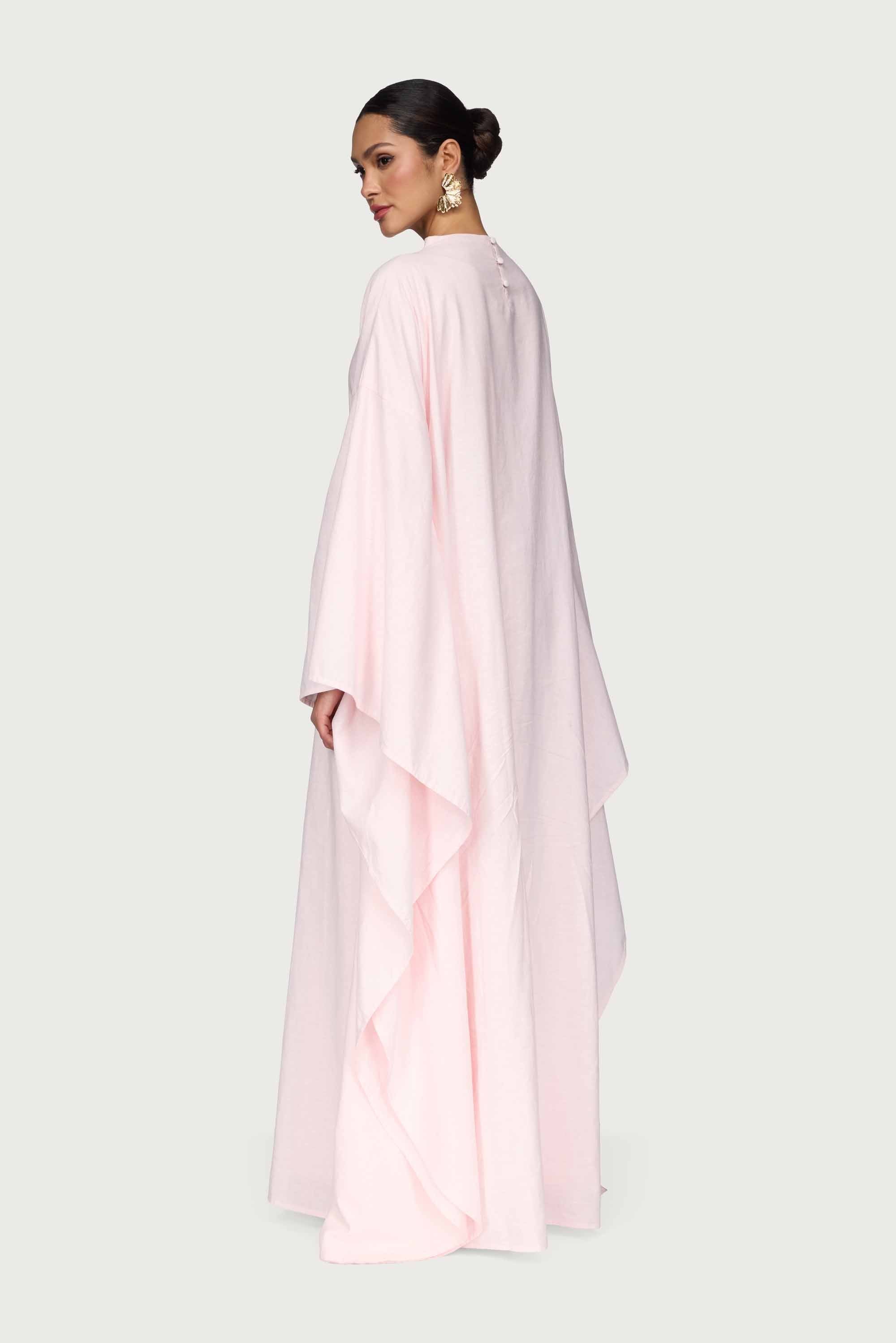 Cotton Linen Butterfly Inner Tie Abaya Dress - Hint of Pink Abayas Veiled
