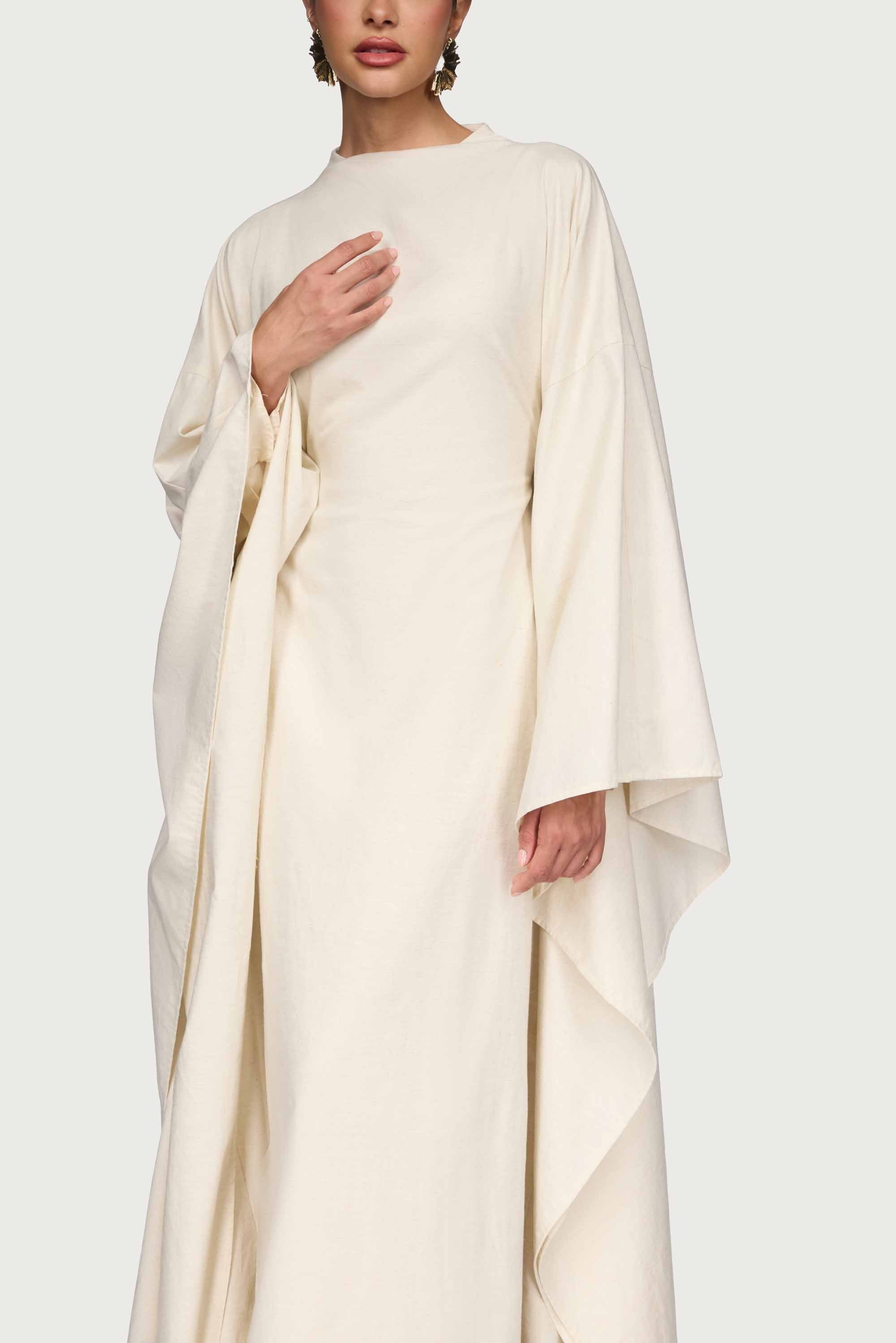 Cotton Linen Butterfly Inner Tie Abaya Dress - Oatmeal Abayas Veiled