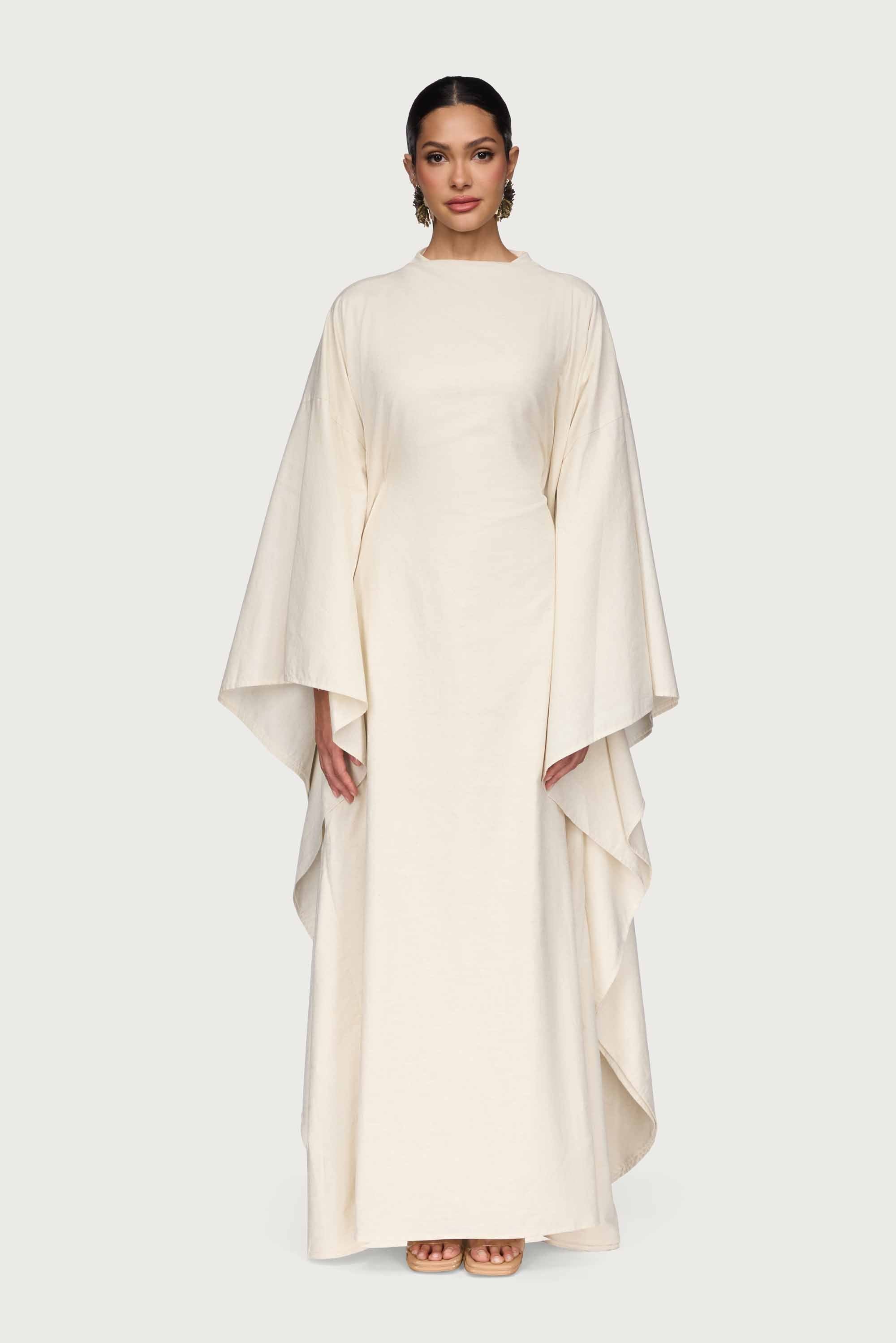 Cotton Linen Butterfly Inner Tie Abaya Dress - Oatmeal Abayas Veiled