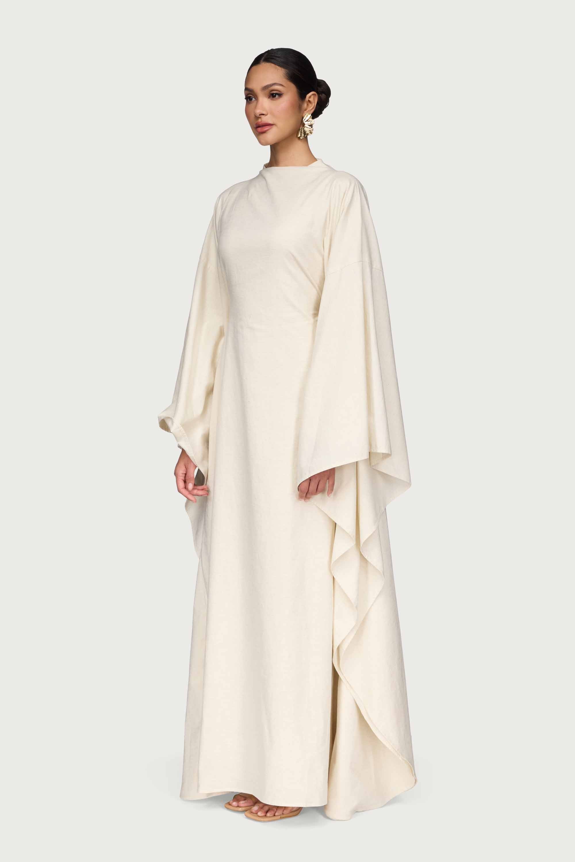 Cotton Linen Butterfly Inner Tie Abaya Dress - Oatmeal Abayas Veiled