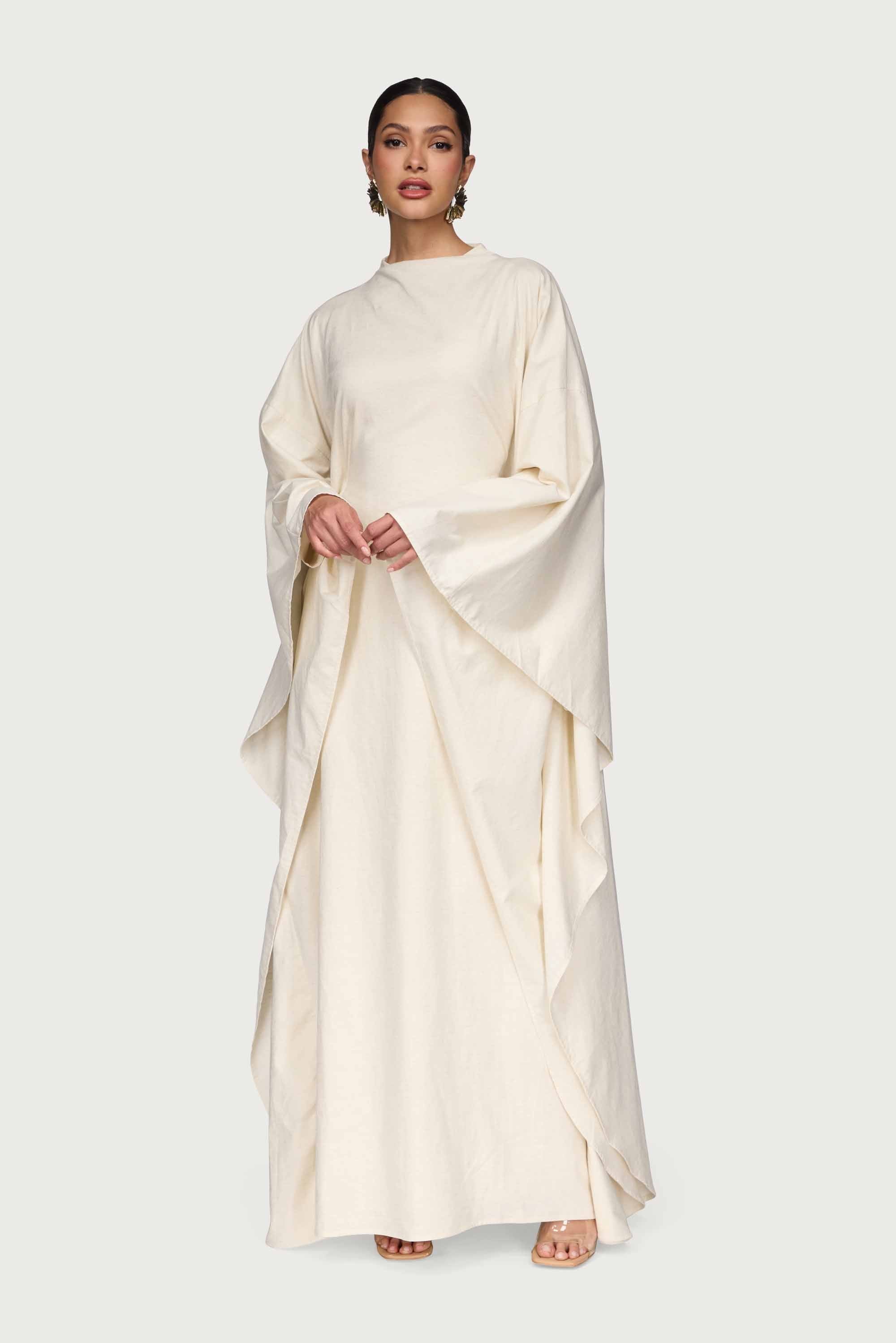 Cotton Linen Butterfly Inner Tie Abaya Dress - Oatmeal Abayas Veiled