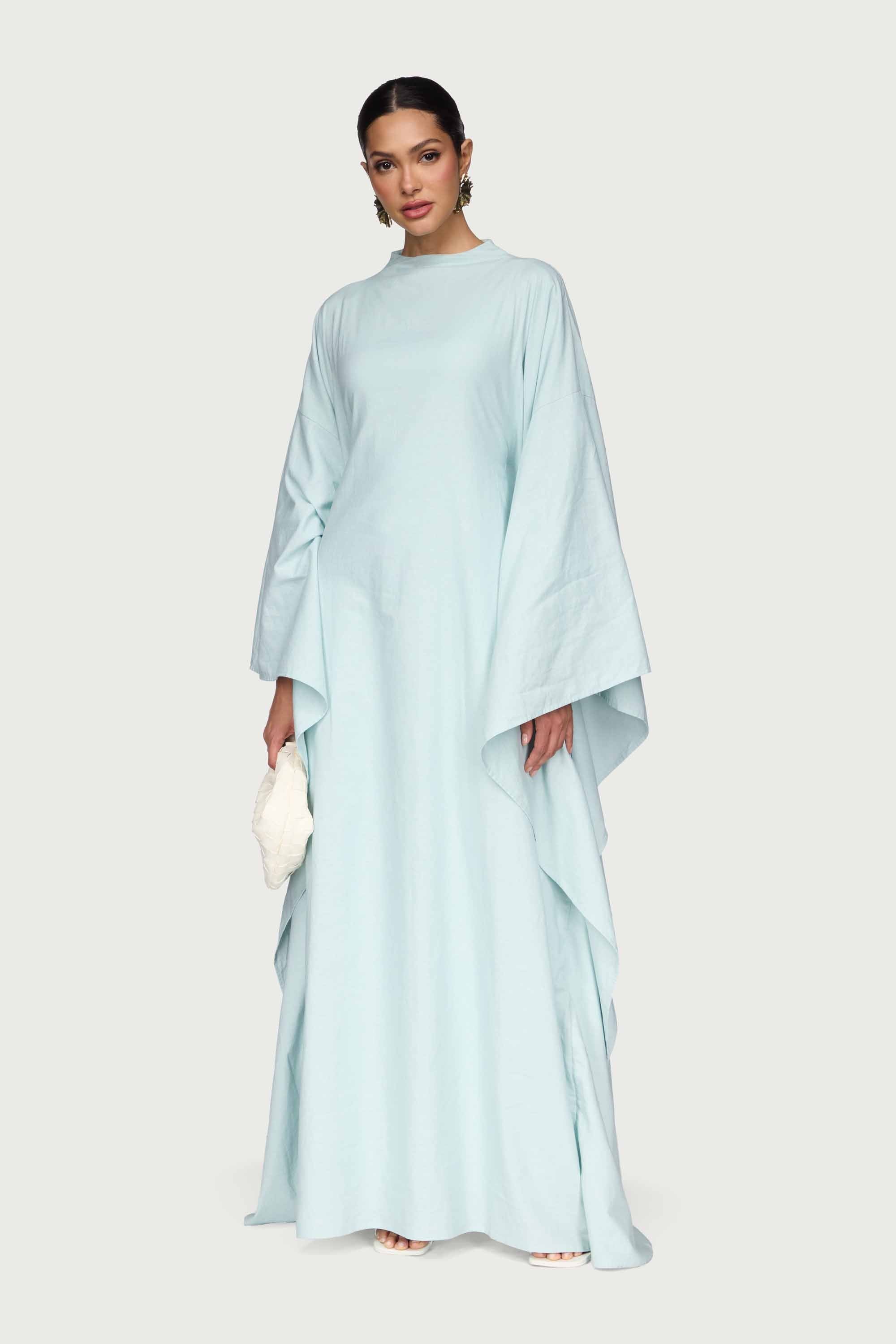 Cotton Linen Butterfly Inner Tie Abaya Dress - Seafoam Abayas Veiled