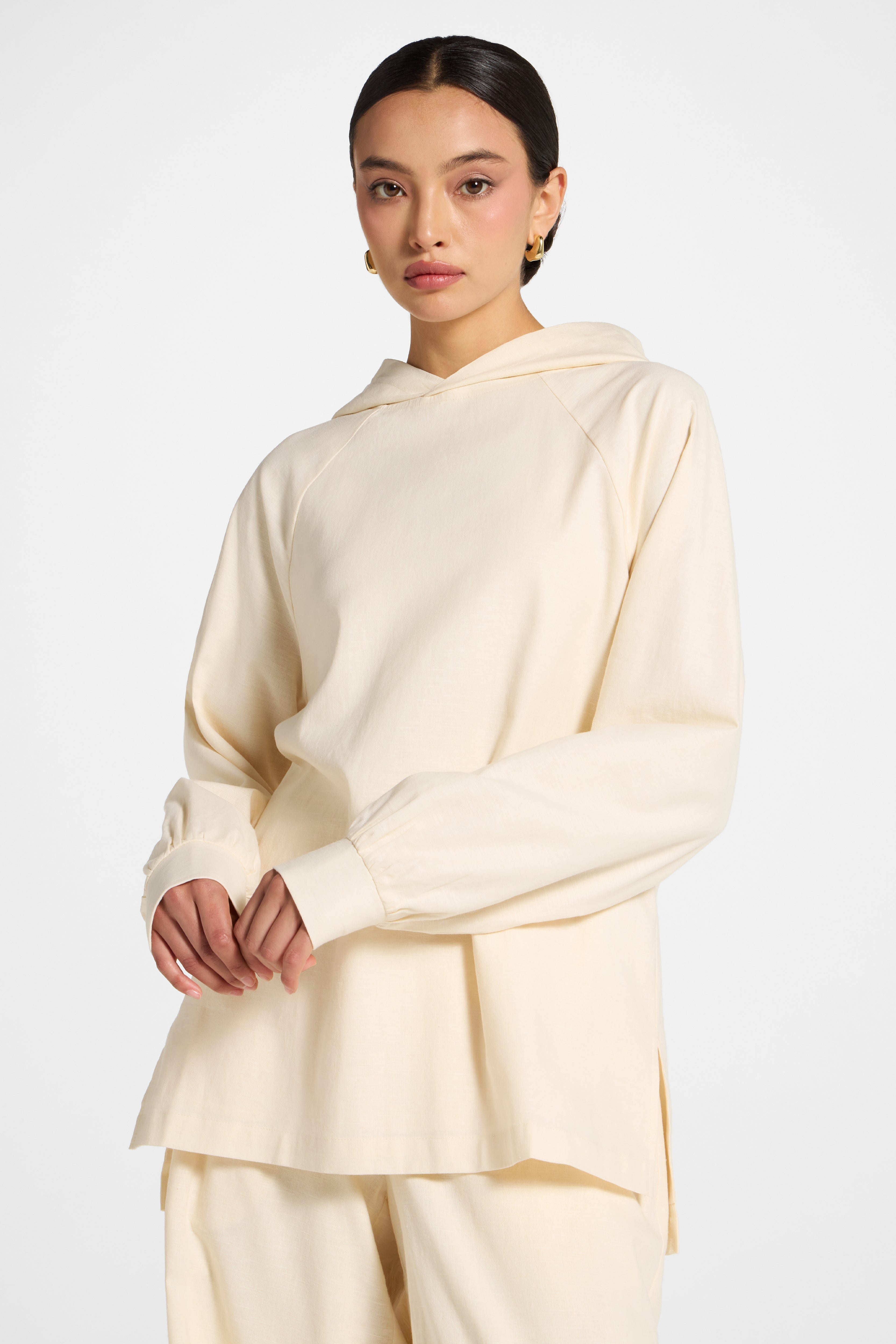 Cotton Linen Hoodie - Off White Abayas Veiled