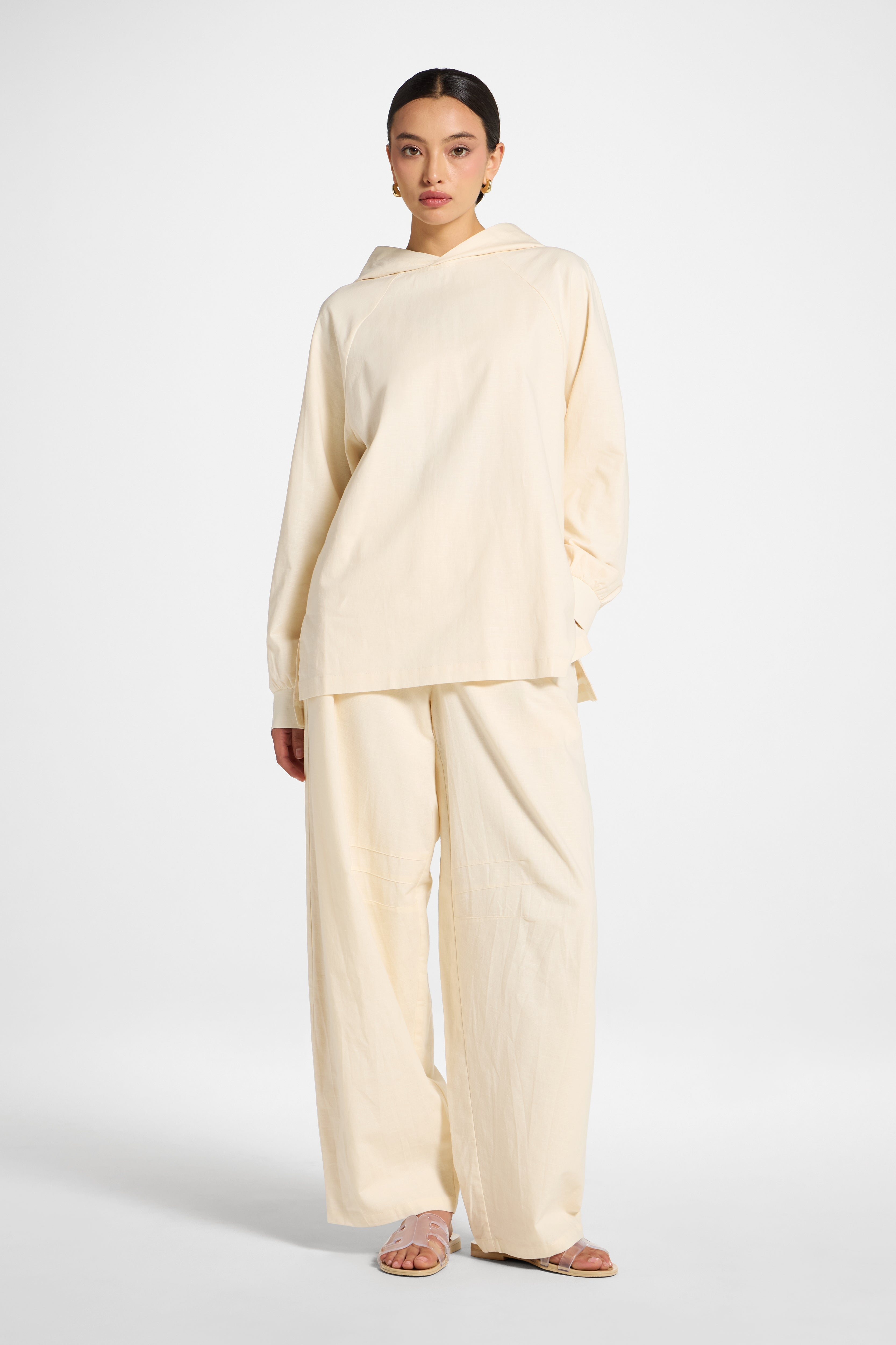 Cotton Linen Hoodie - Off White Abayas Veiled
