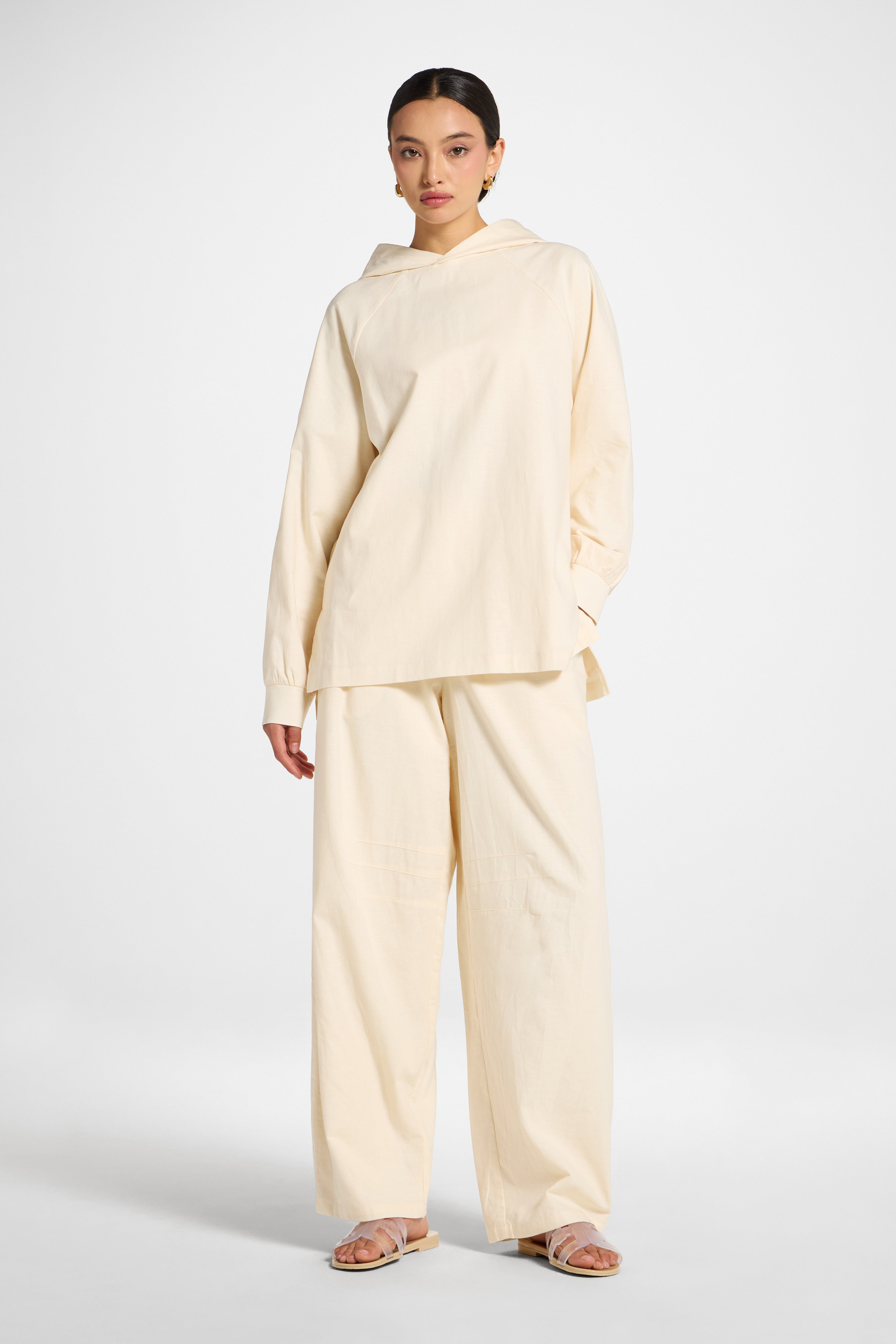 Cotton Linen Hoodie - Off White Abayas Veiled