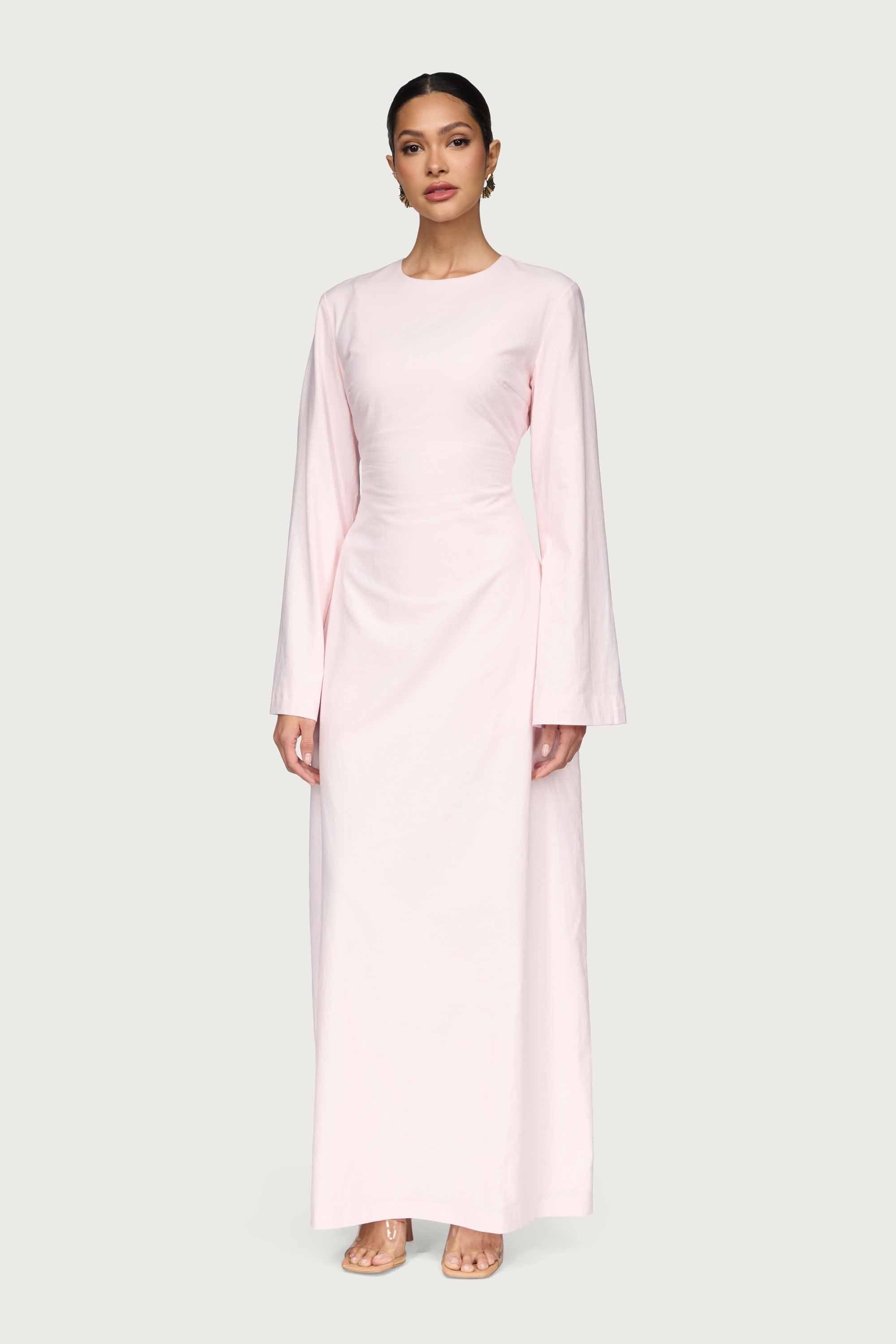 Cotton Linen Lace Up Back Maxi Dress - Hint of Pink Abayas Veiled