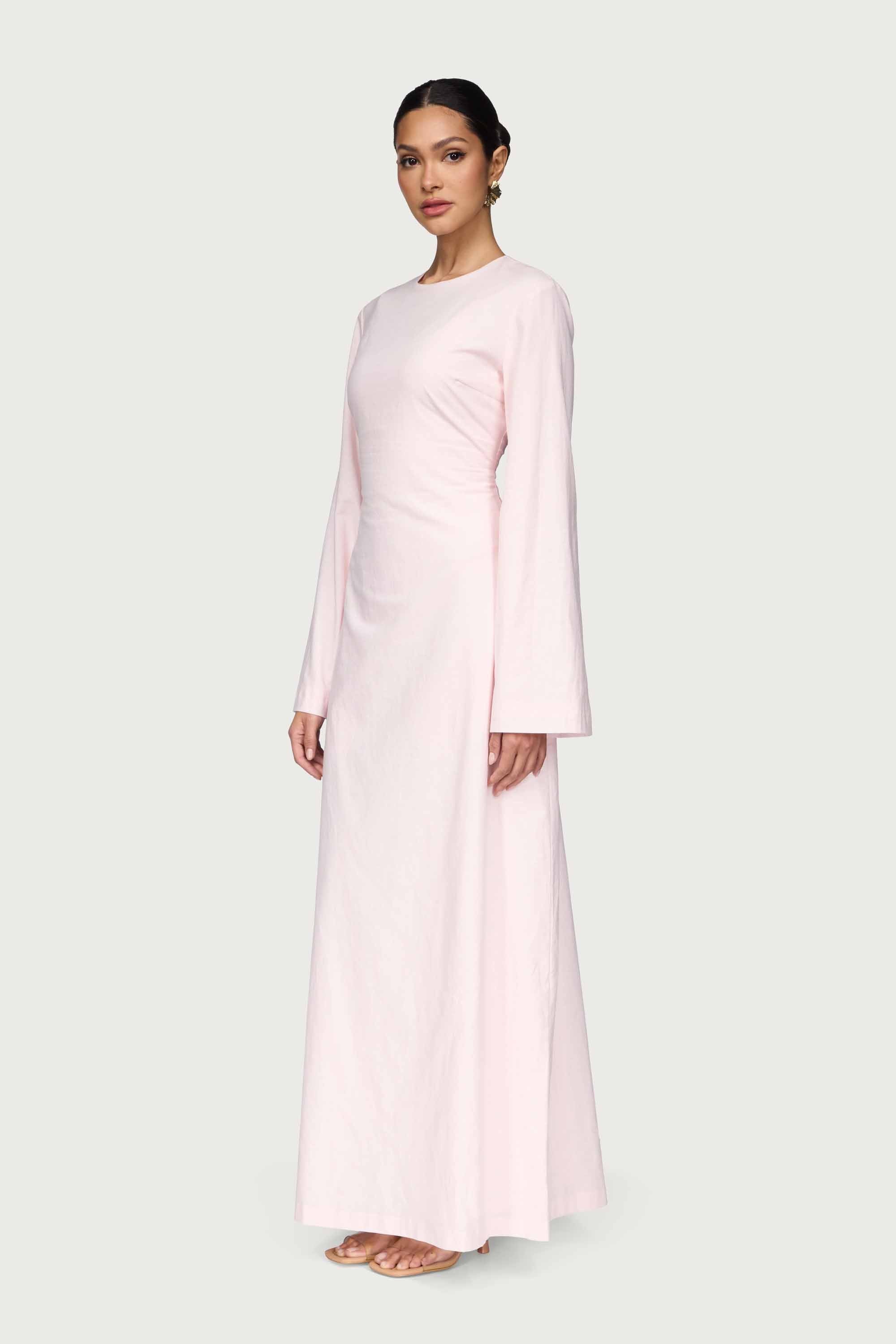 Cotton Linen Lace Up Back Maxi Dress - Hint of Pink Abayas Veiled