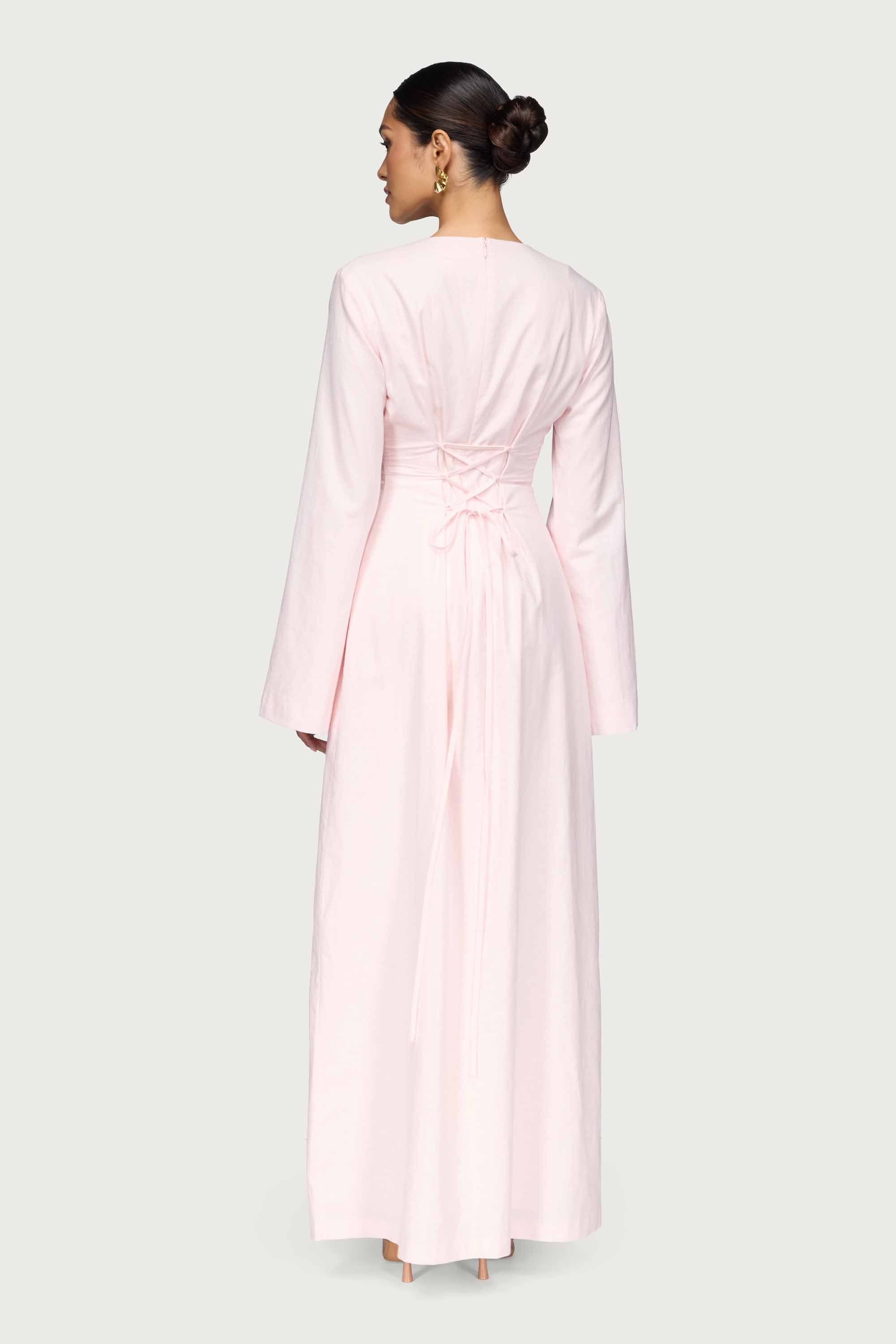 Cotton Linen Lace Up Back Maxi Dress - Hint of Pink Abayas Veiled