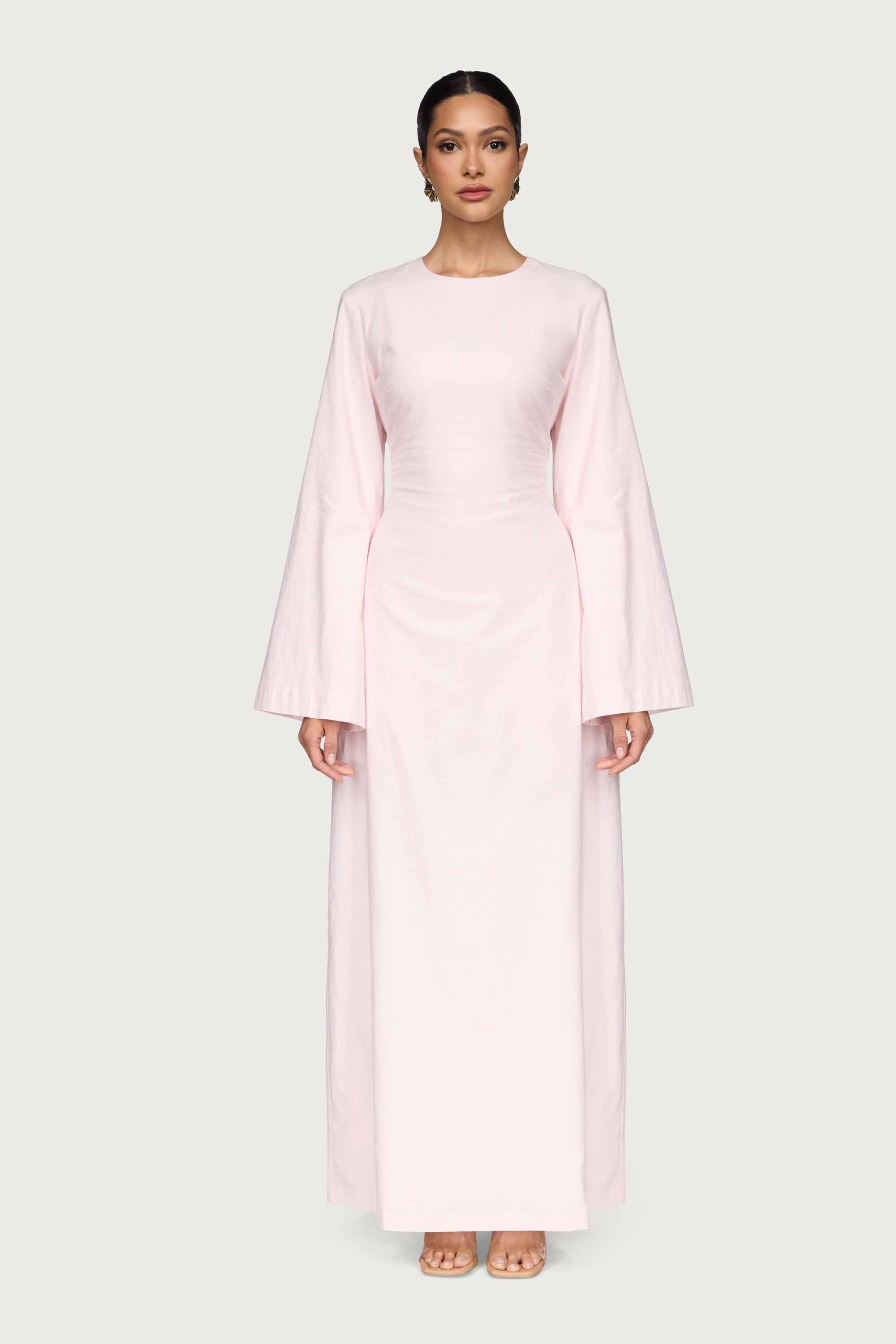 Cotton Linen Lace Up Back Maxi Dress - Hint of Pink Abayas Veiled
