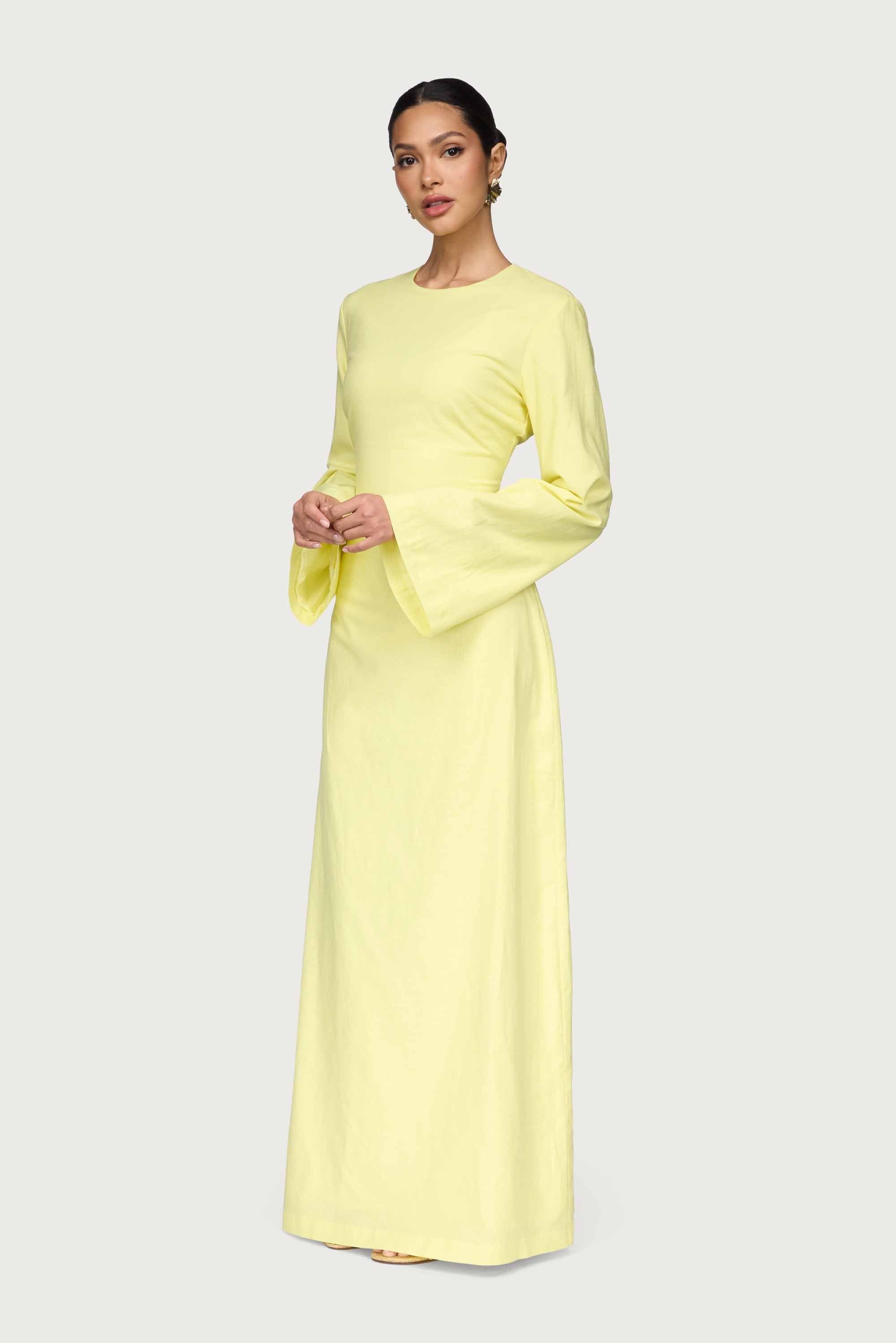 Cotton Linen Lace Up Back Maxi Dress - Limon Abayas Veiled