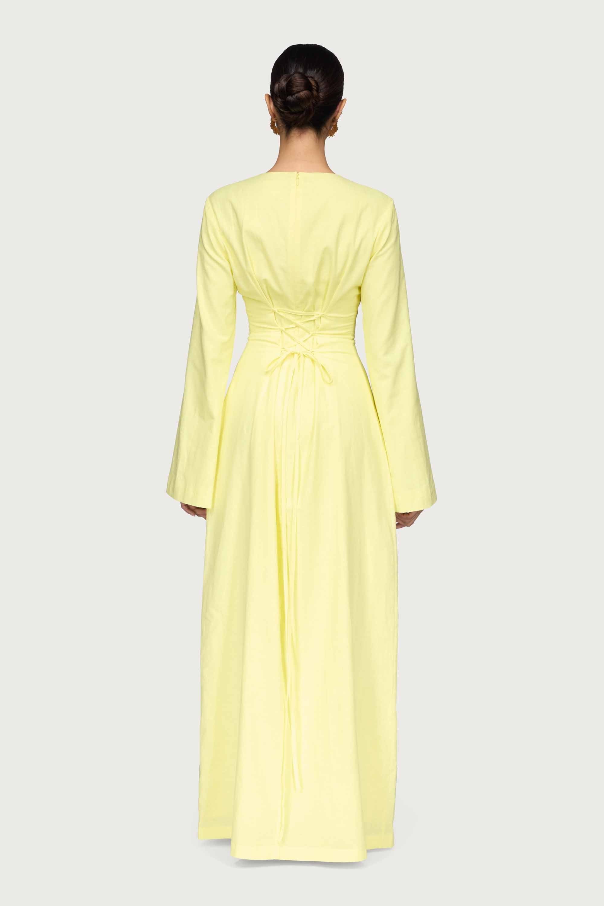 Cotton Linen Lace Up Back Maxi Dress - Limon Abayas Veiled
