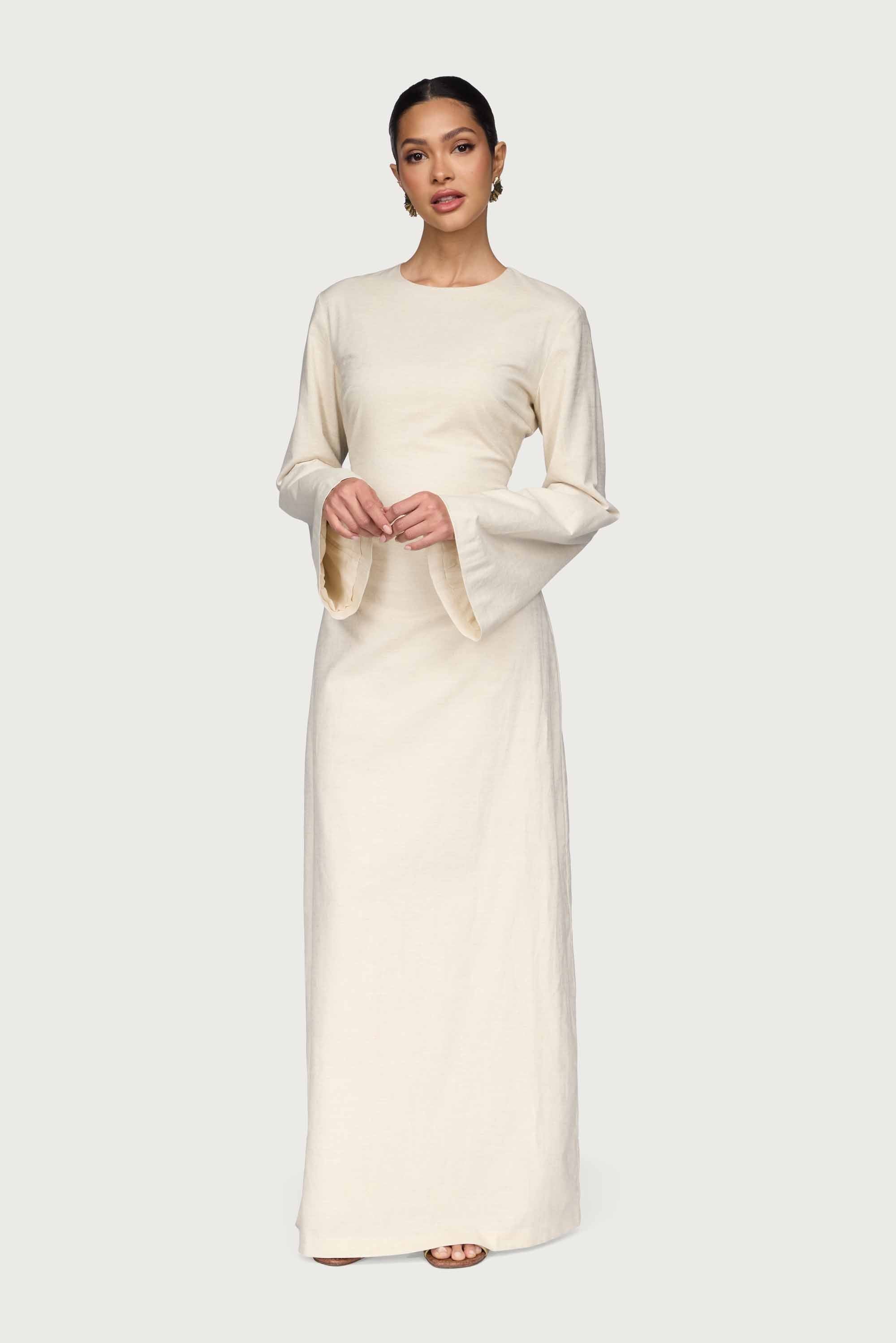 Cotton Linen Lace Up Back Maxi Dress - Oatmeal Abayas Veiled