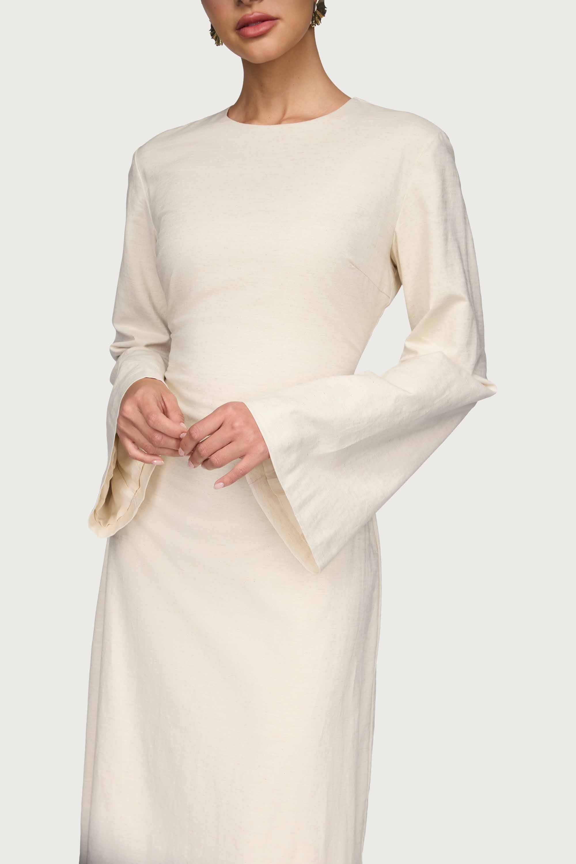 Cotton Linen Lace Up Back Maxi Dress - Oatmeal Abayas Veiled