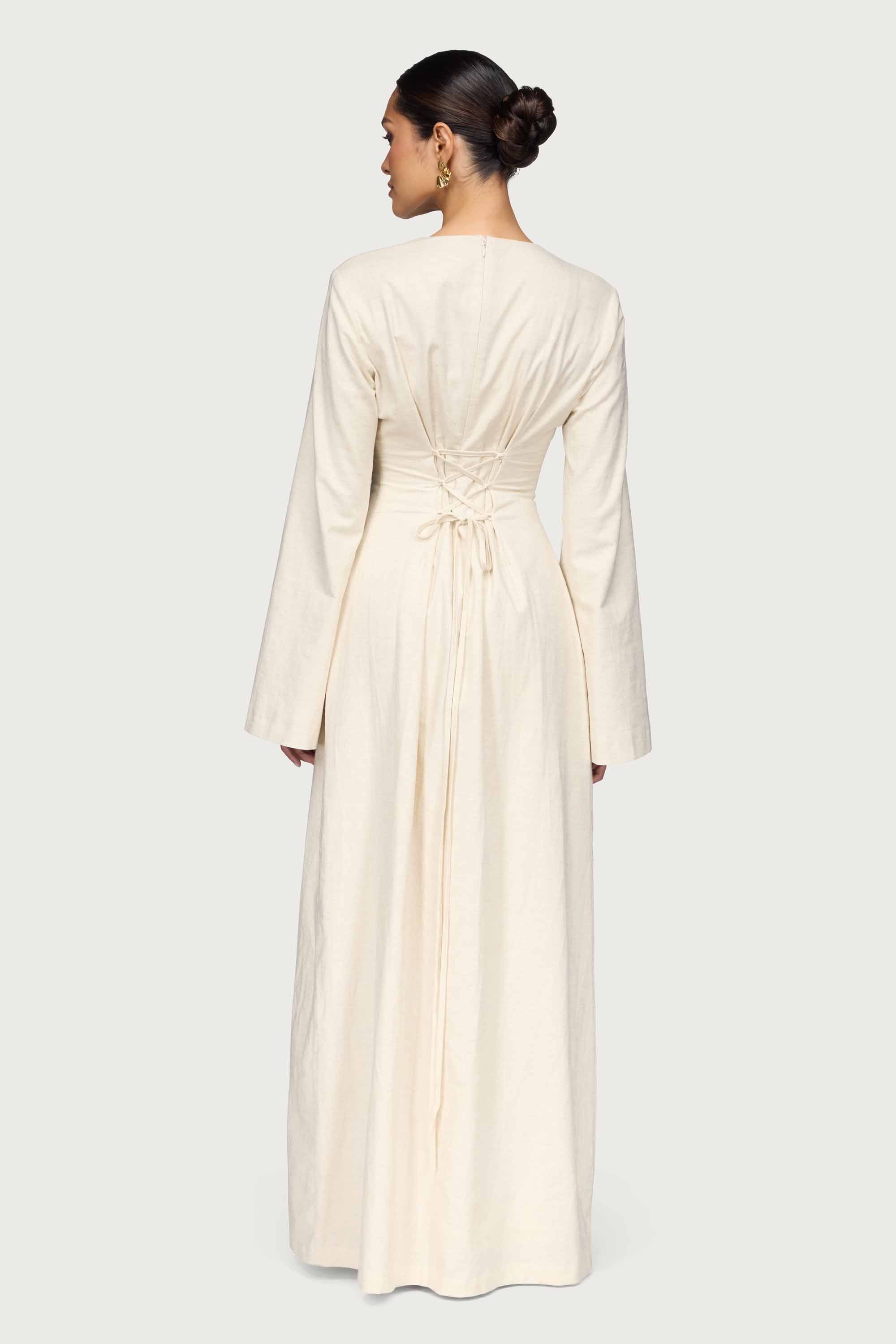 Cotton Linen Lace Up Back Maxi Dress - Oatmeal Abayas Veiled