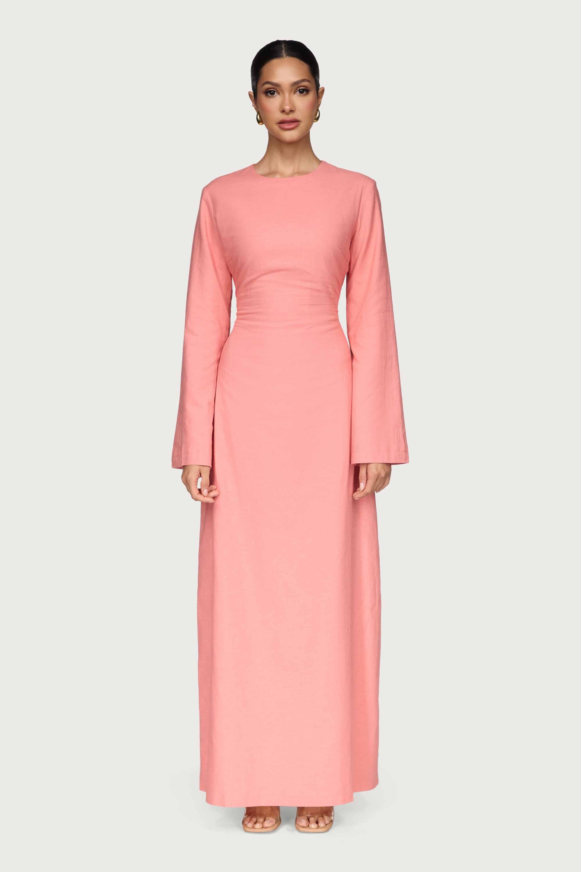 Cotton Linen Lace Up Back Maxi Dress - Summer Coral Abayas Veiled