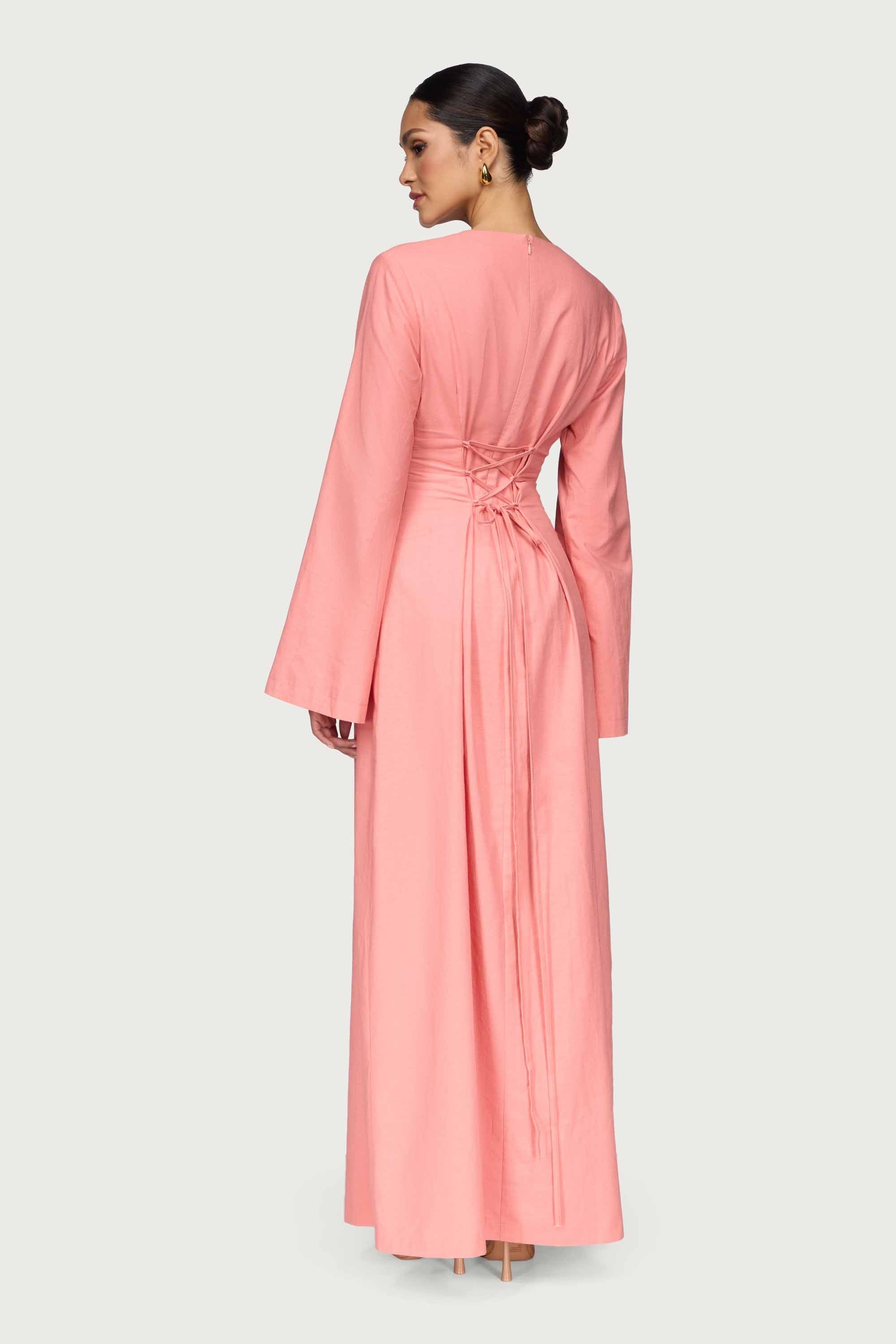 Cotton Linen Lace Up Back Maxi Dress - Summer Coral Abayas Veiled