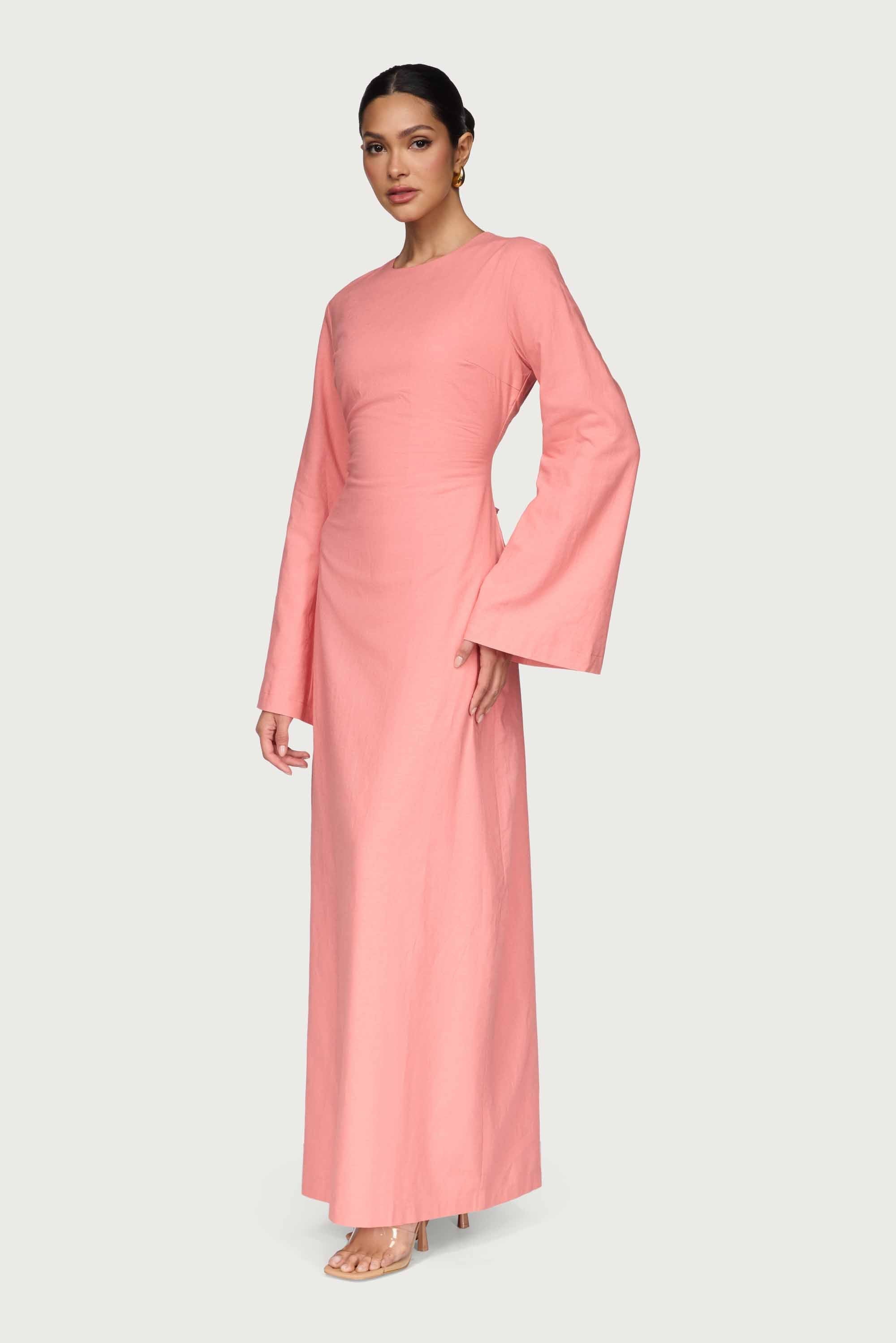 Cotton Linen Lace Up Back Maxi Dress